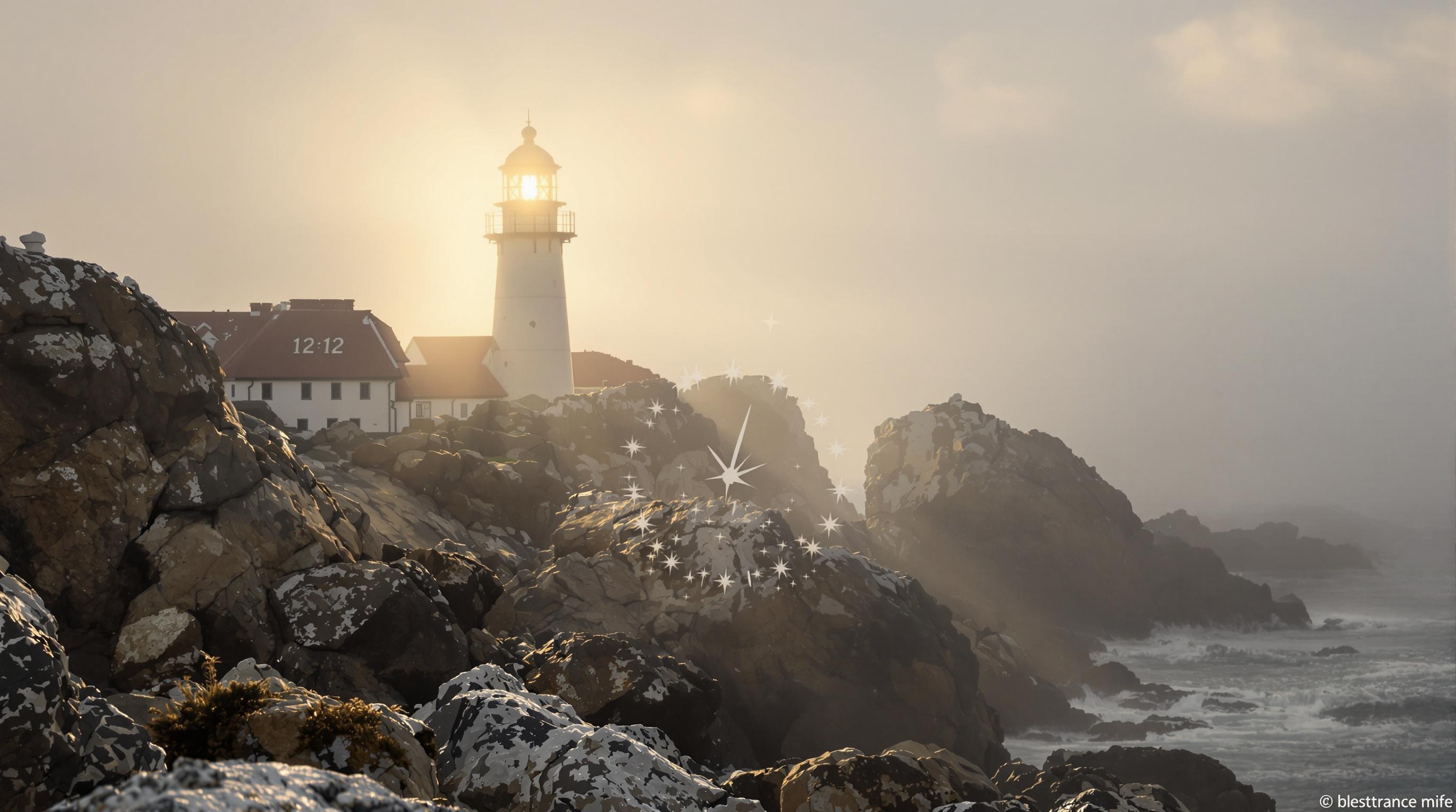 Un phare lumineux symbolisant la guidance et la spiritualité associées à l'heure miroir 12h12.