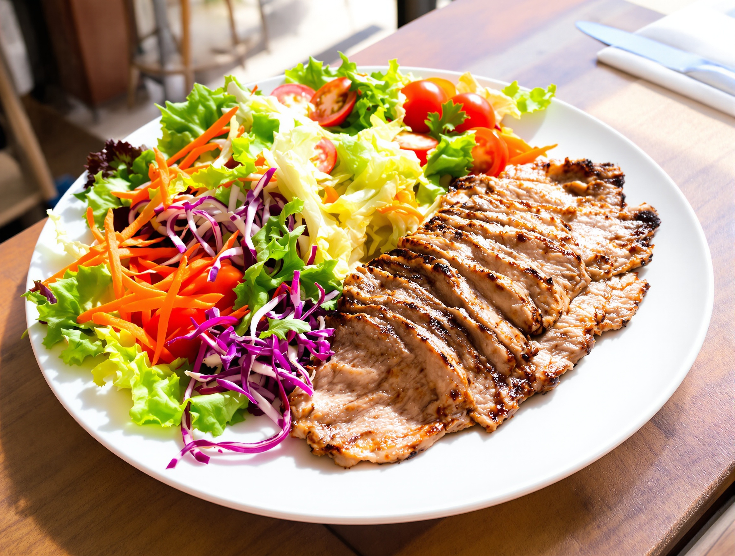 Kebab servi en assiette avec crudités abondantes et viande séparée.