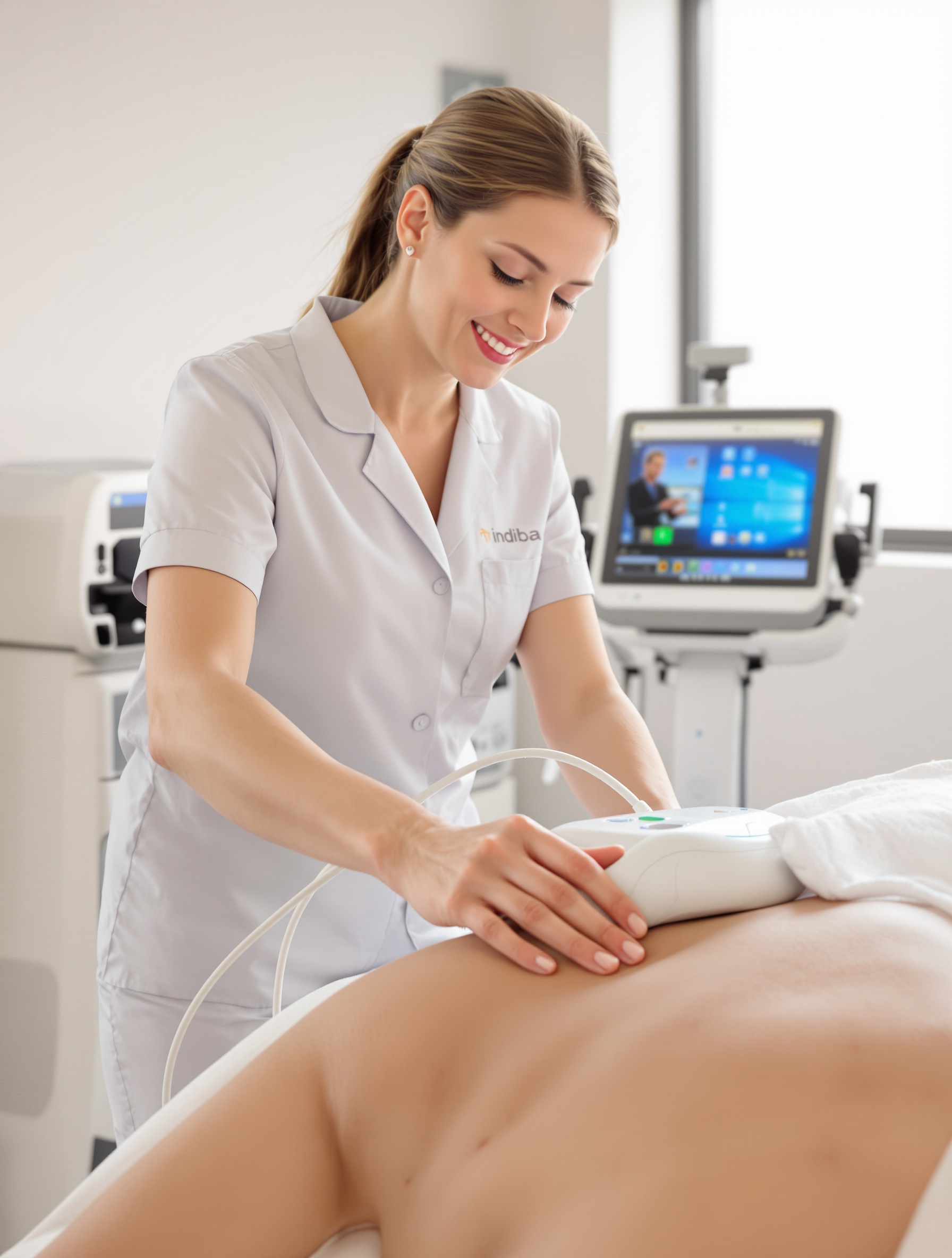 Praticien effectuant un soin Indiba sur le dos d'un patient – relation de confiance