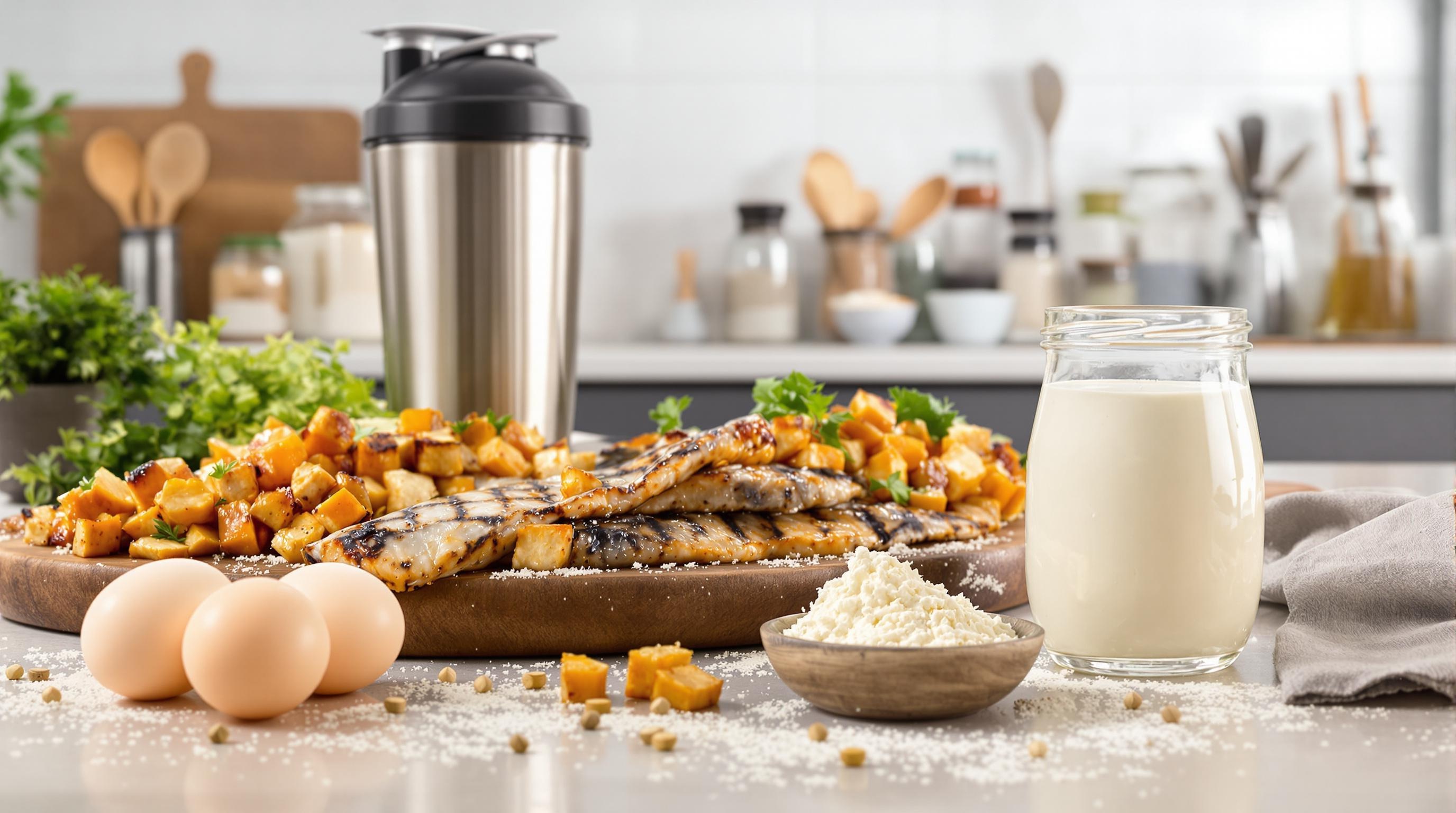 Sources variées de protéines (whey, œufs cuits à la perfection, poisson grillé, tempeh sauté) et shaker illustrant une stratégie protéinique moderne.