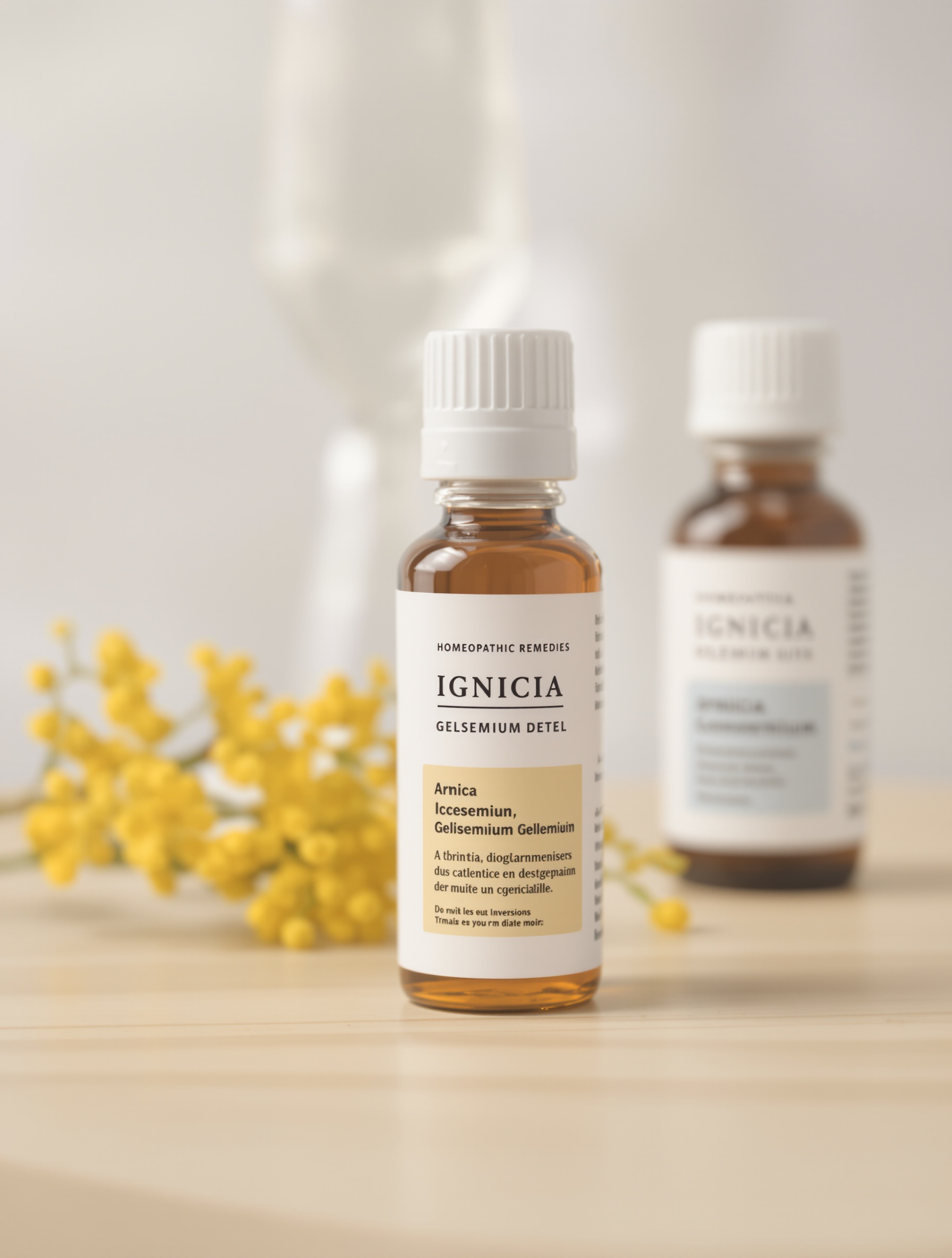 Granules homéopathiques Ignatia Arnica Gelsemium bois clair