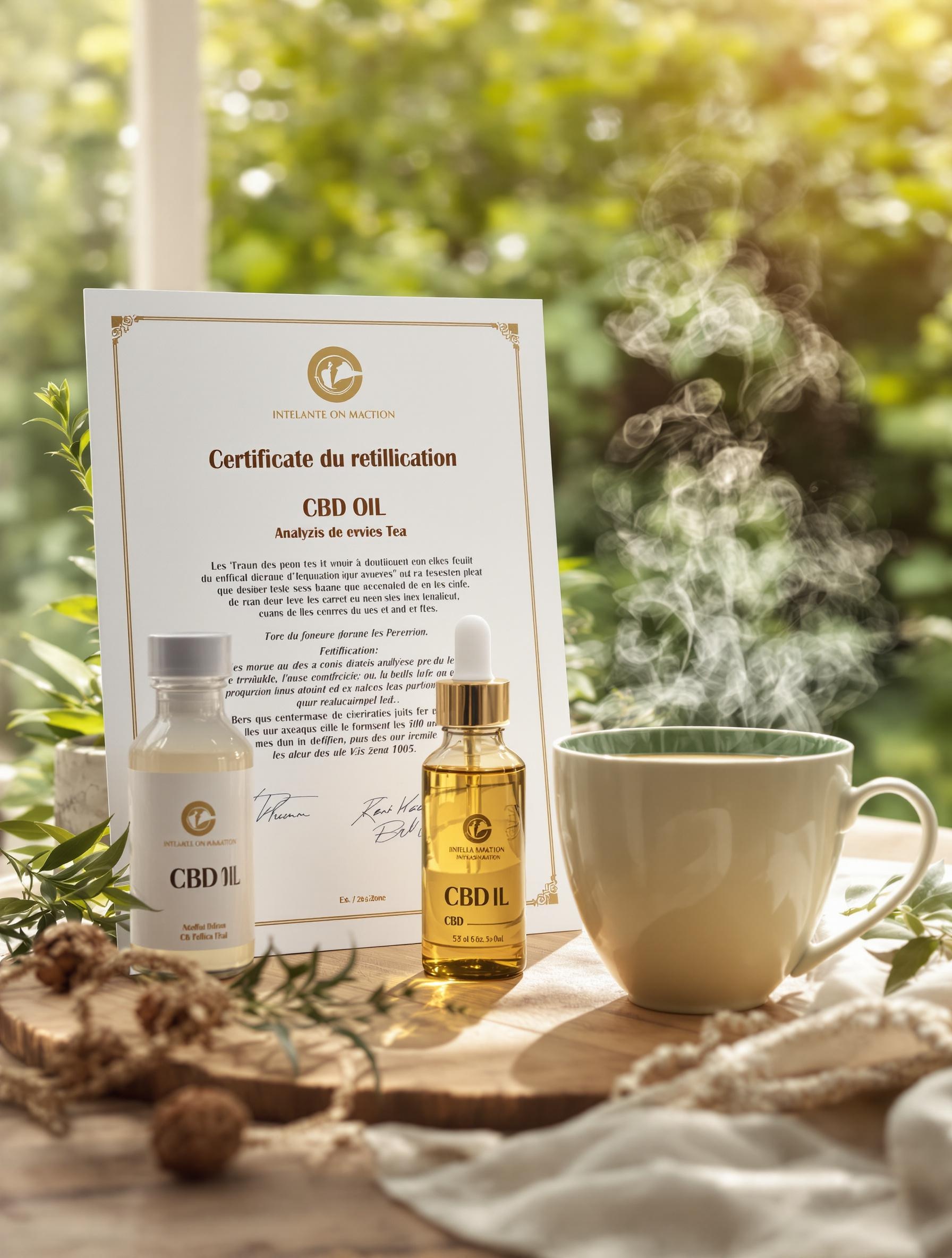 Flacon d’huile CBD, certificat d’analyse et tisane détente