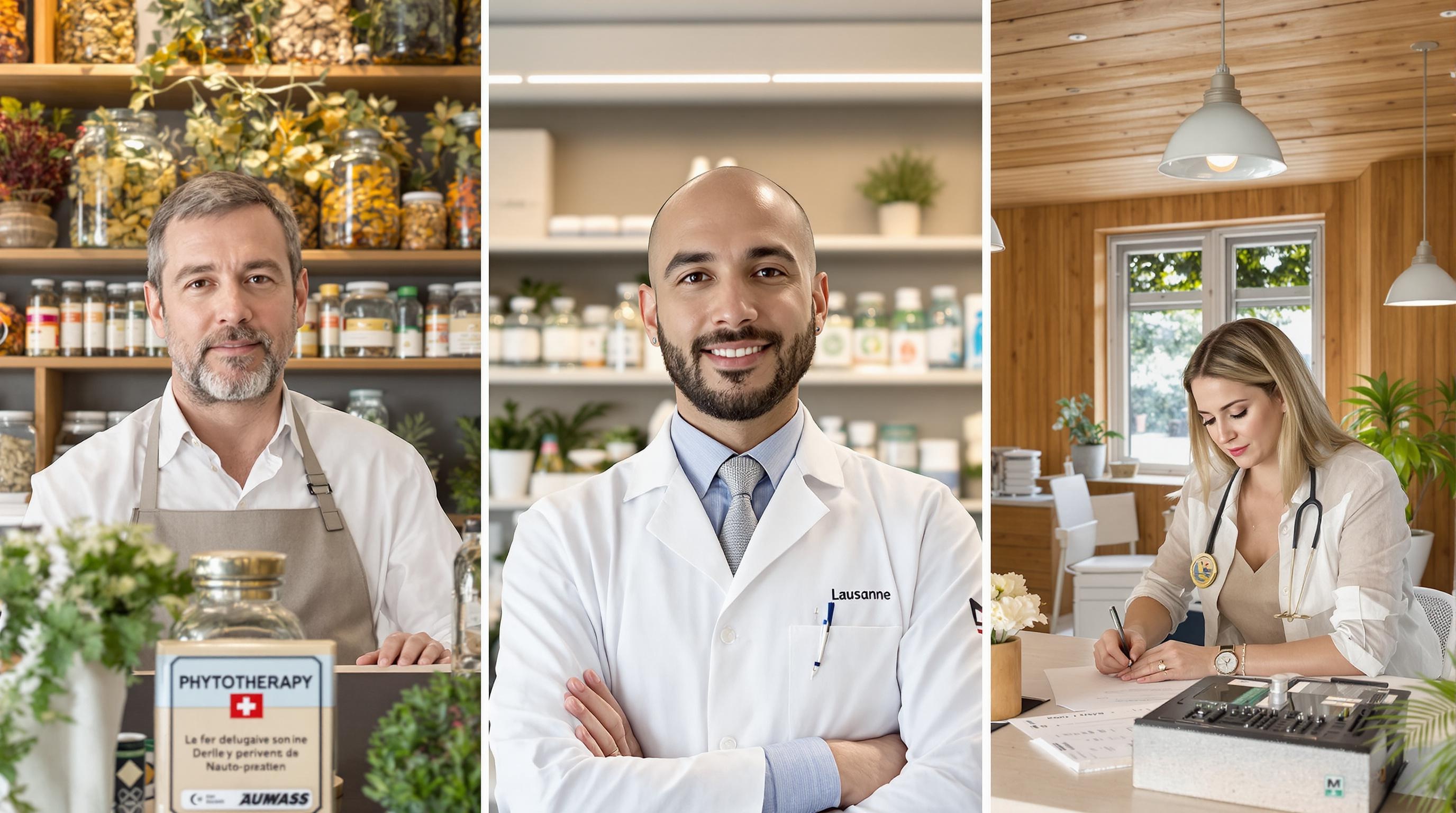 Trois professionnels de la phytothérapie : herboriste, pharmacien, naturopathe.