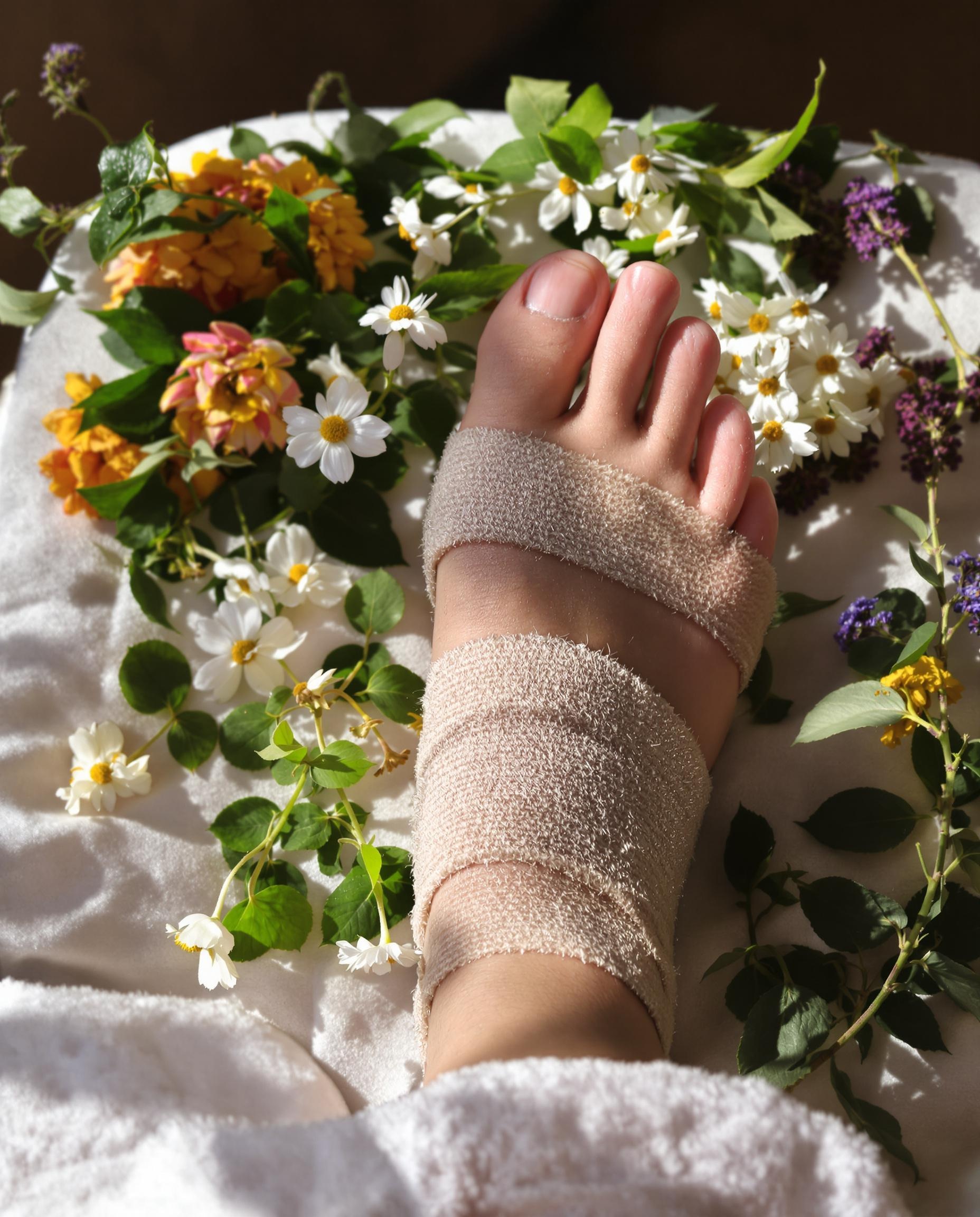 Pied bandé reposant sur coussin avec plantes médicinales pour guérison naturelle