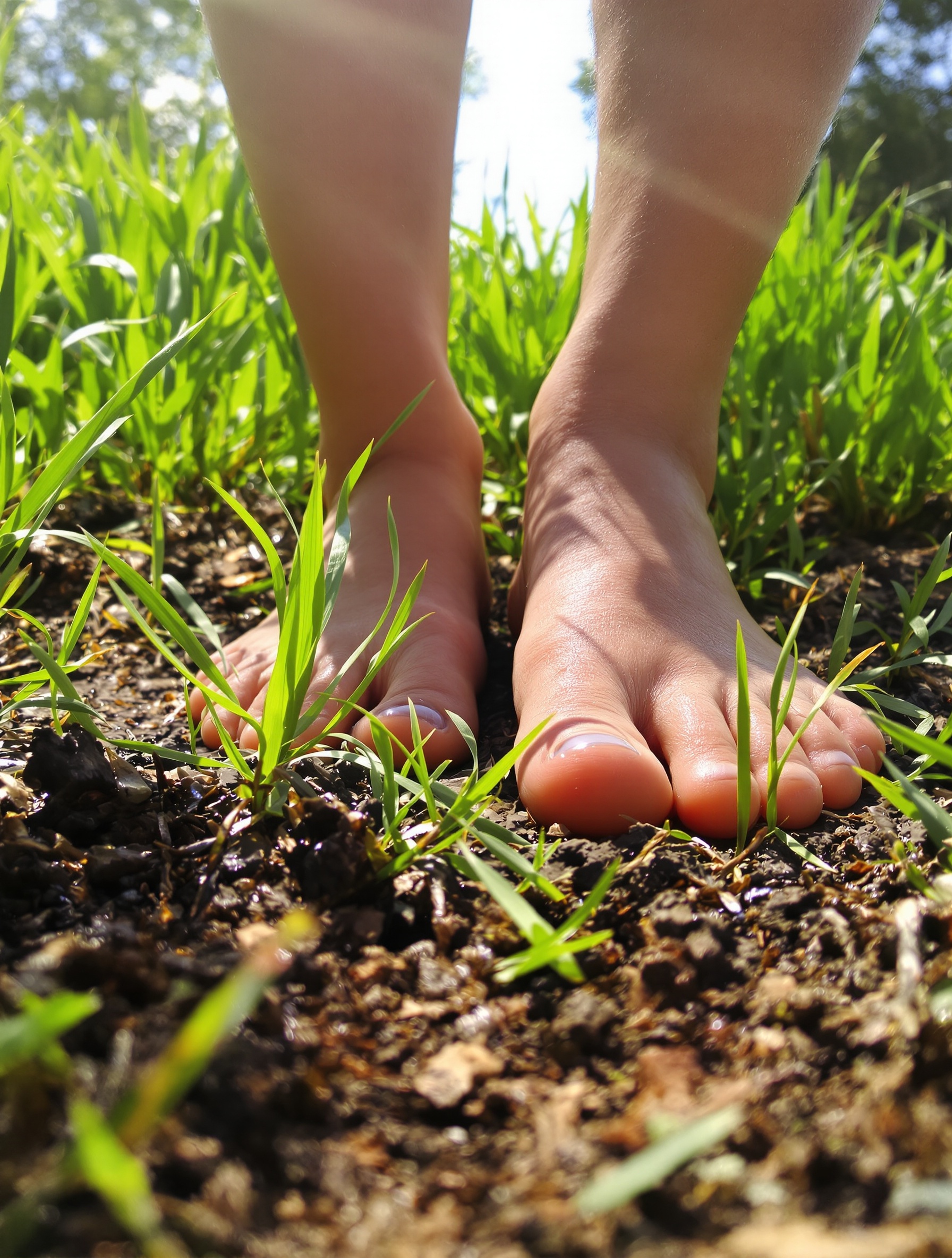 Pieds nus sur herbe verte symbolisant l'ancrage