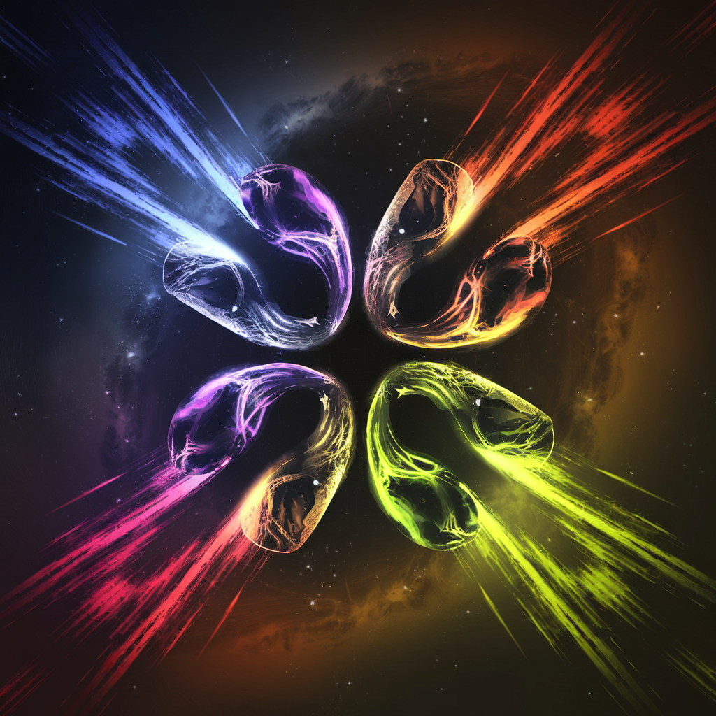 Six Pierres d'Infinité brillantes en cercle sur fond cosmique