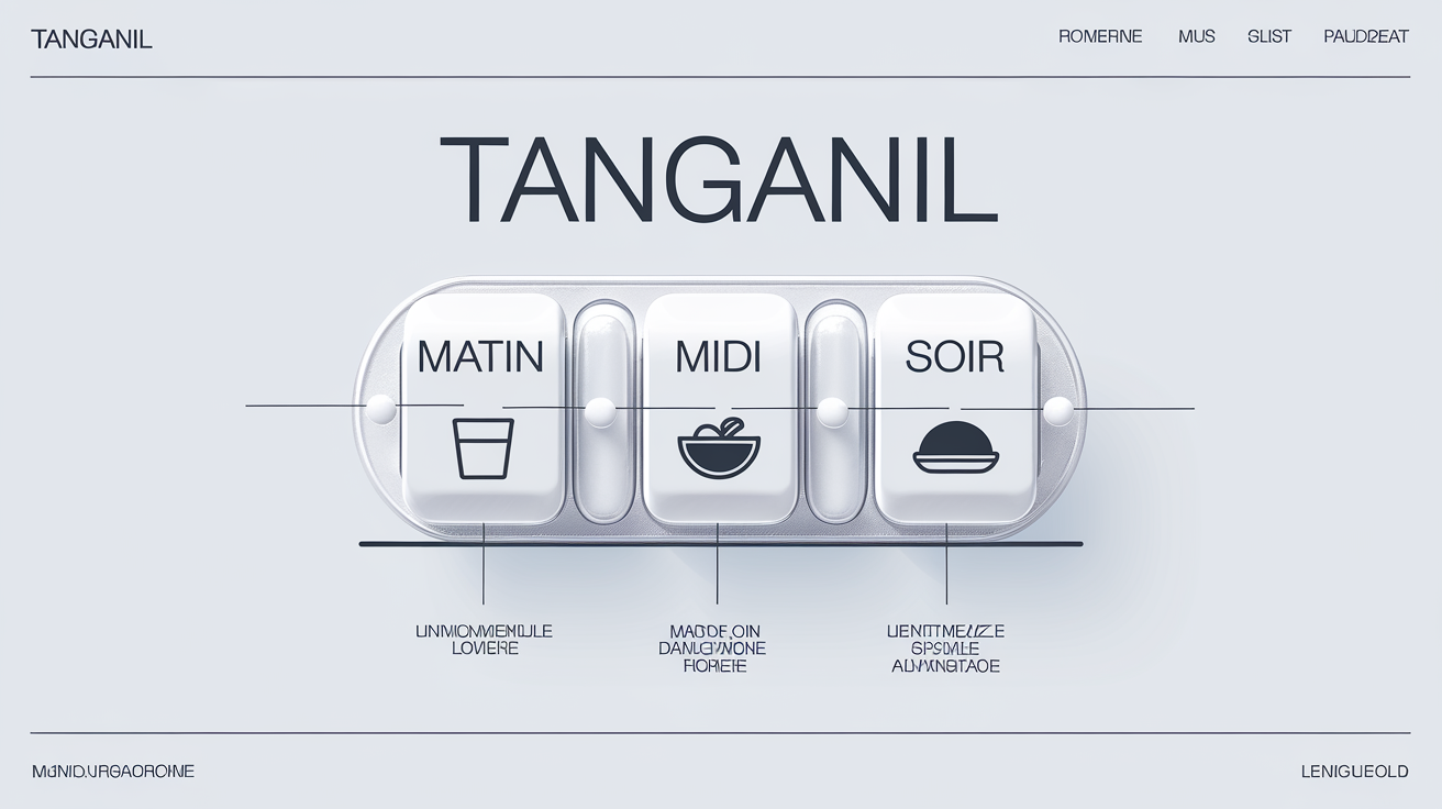 Pilulier annoté avec les horaires de prise de Tanganil et conseils d'hydratation
