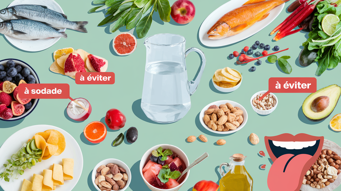 Illustration d'aliments anti-inflammatoires et d'une carafe d'eau pour la santé buccale.