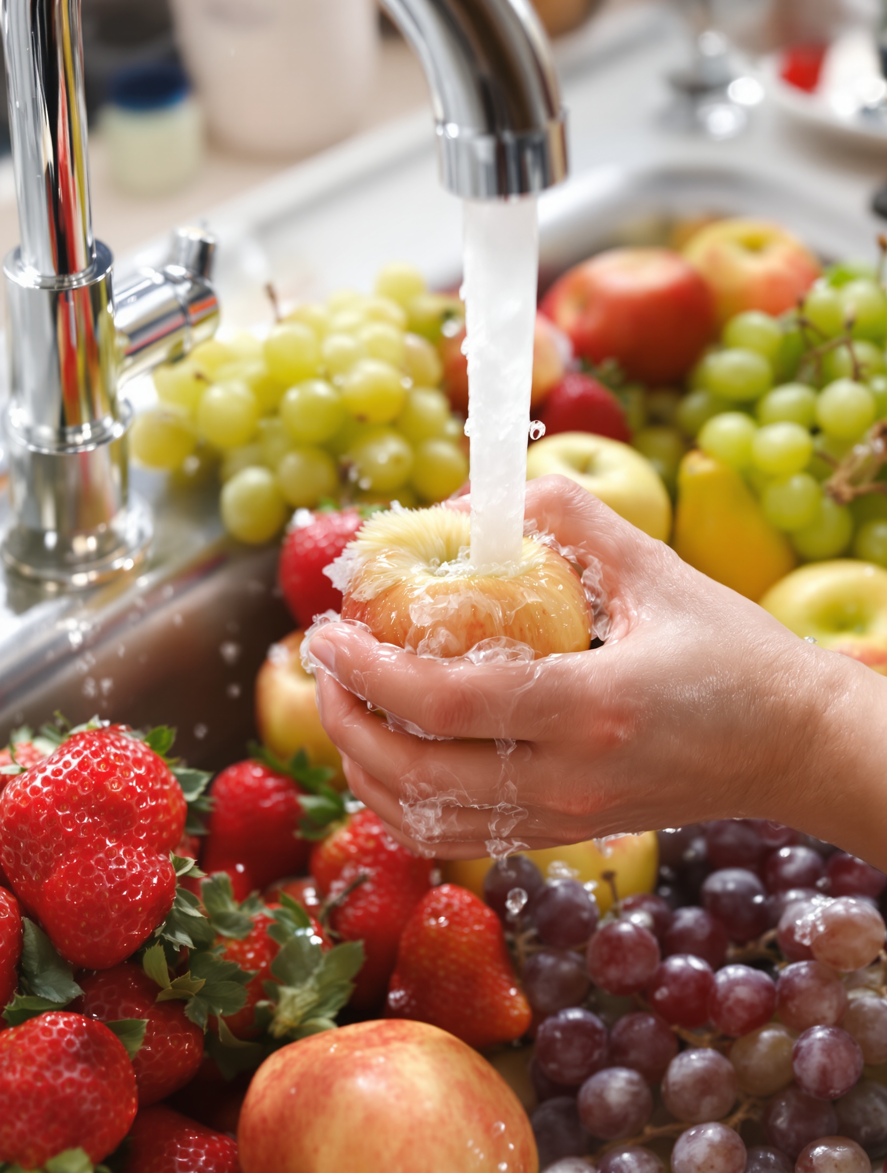 Lavage consciencieux des fruits sous l'eau : pomme brossée à la main