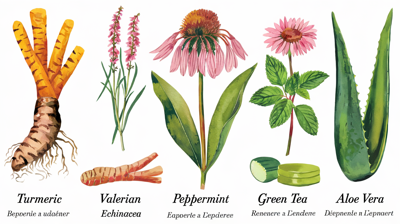 Planche botanique artistique aquarelle : curcuma longa – racine jaune vif ; valeriana officinalis – racines fibreuses ; echinacea purpurea – fleur violette ; mentha piperita – feuilles vert foncé ; camellia sinensis – feuilles fines ; aloe vera – feuille épaisse coupée.