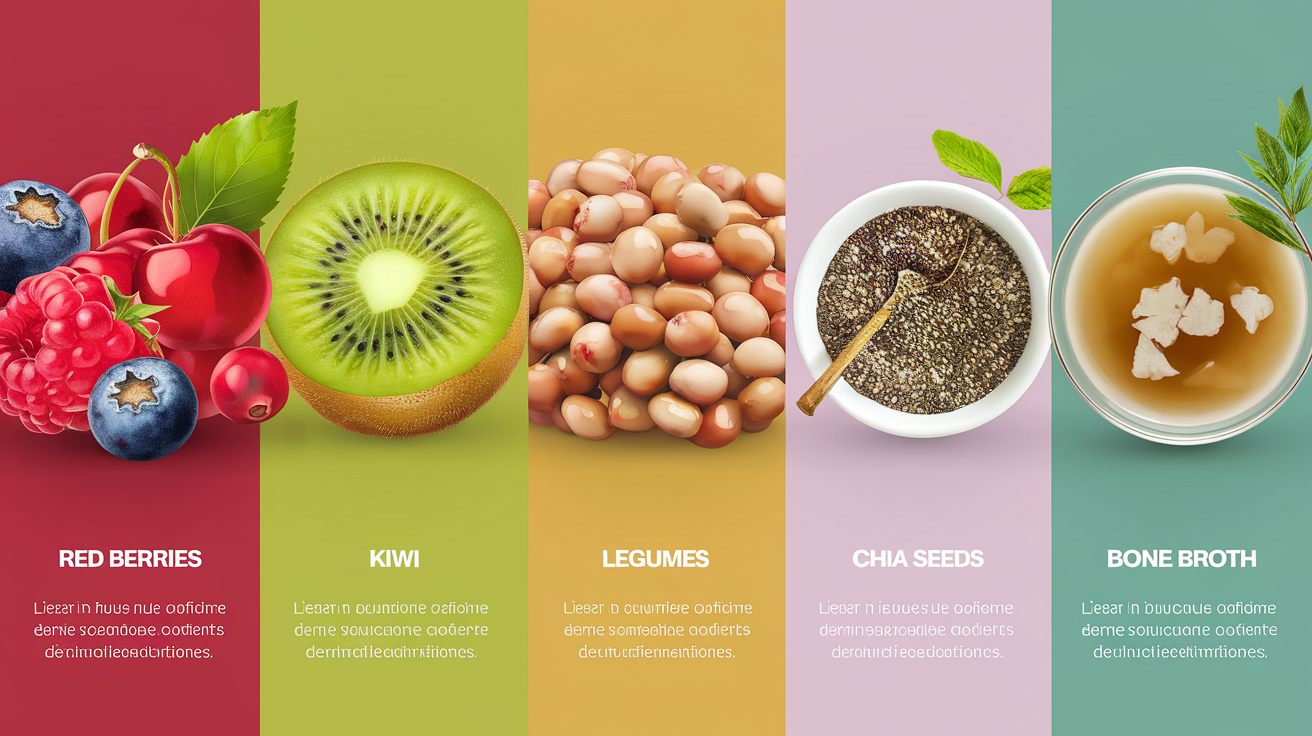 Planche d'aliments anti-cellulite : kiwi, fruits rouges, bouillon d’os