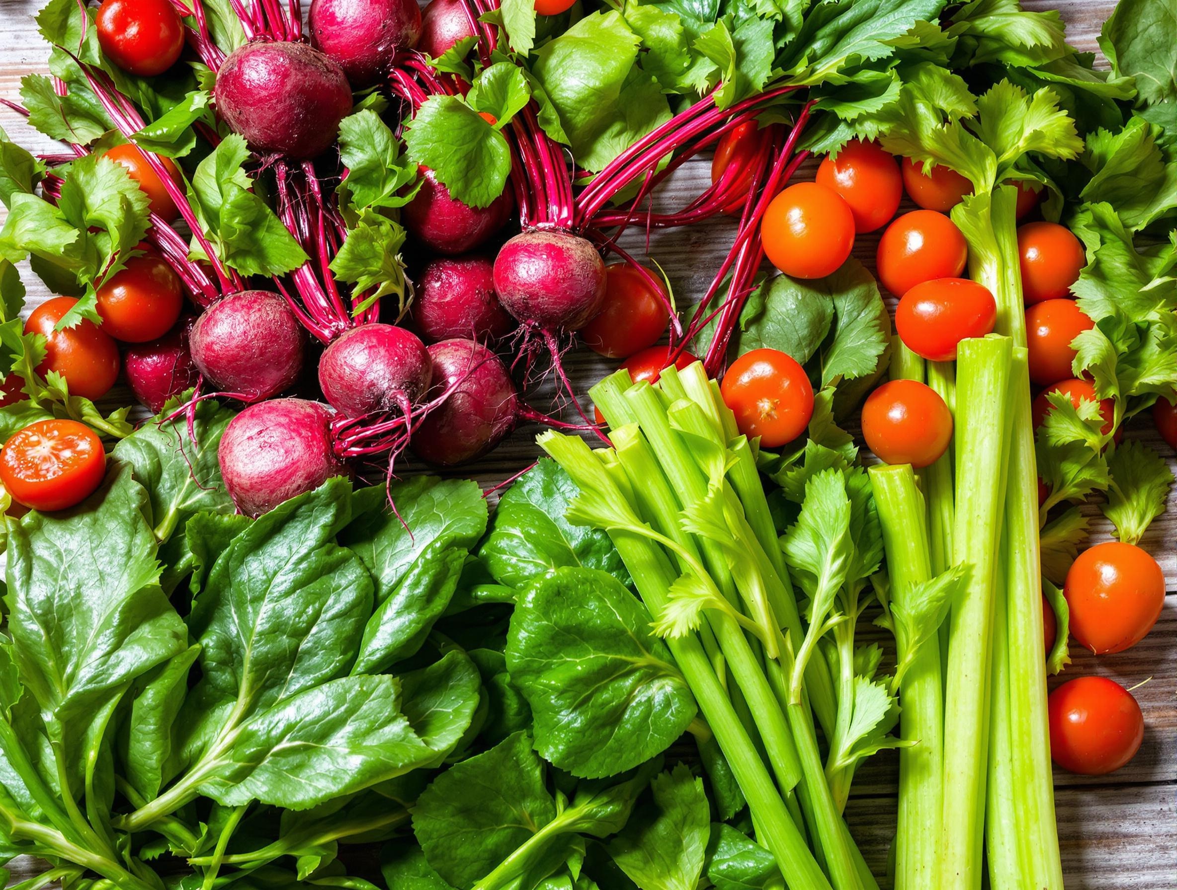 Planche de légumes riches en nitrates : betteraves, épinards et céleri