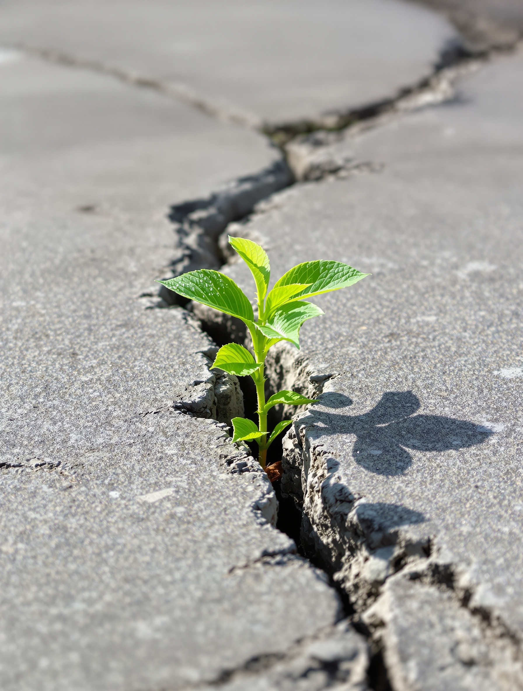 Une plante verte robuste émergeant d'une fissure dans un béton gris, symbolisant la résilience et la guérison après un traumatisme émotionnel