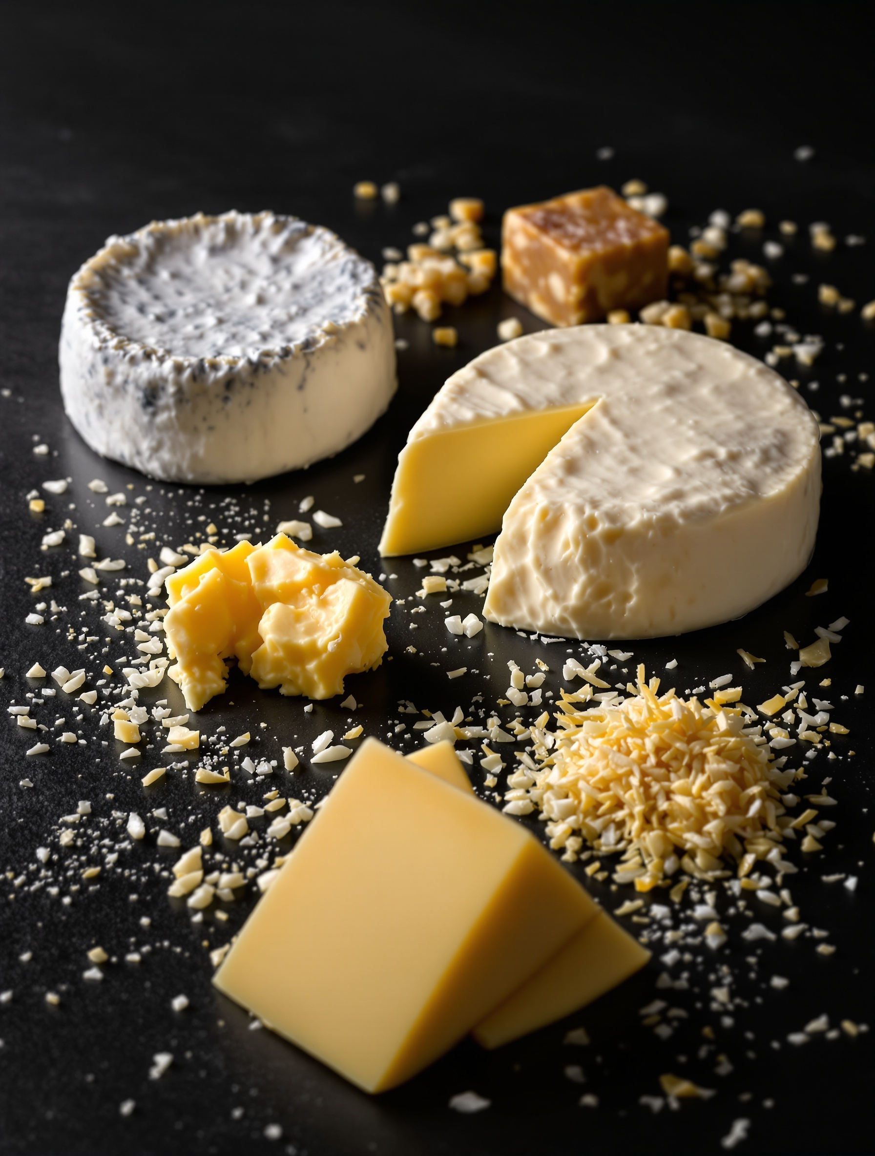 Plateau de fromages : Camembert, Comté, Emmental, Parmesan, avec portions réduites.