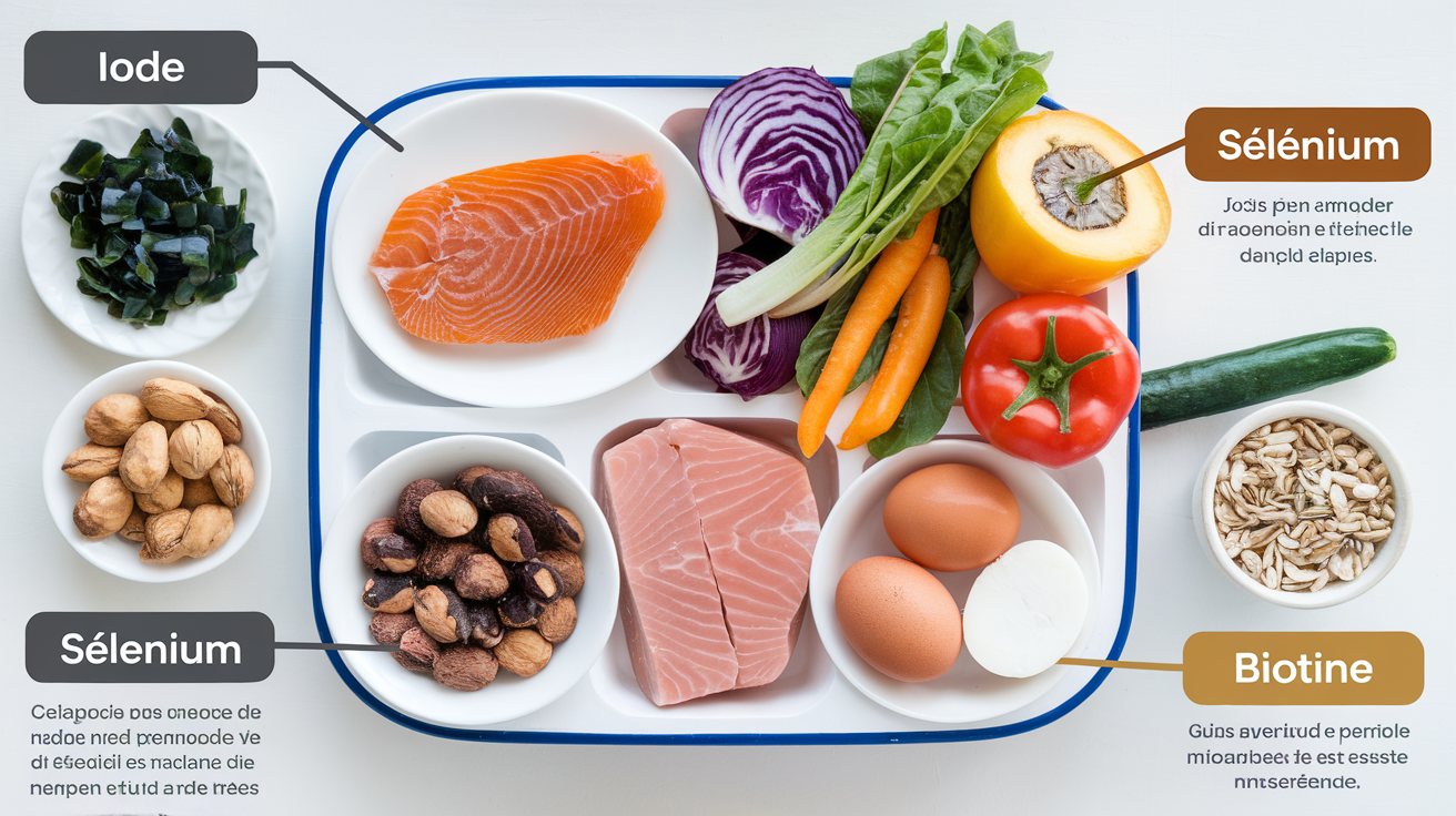 Plateau d’aliments riches en iode, sélénium et biotine, incluant algues, cabillaud, œufs et noix du Brésil.