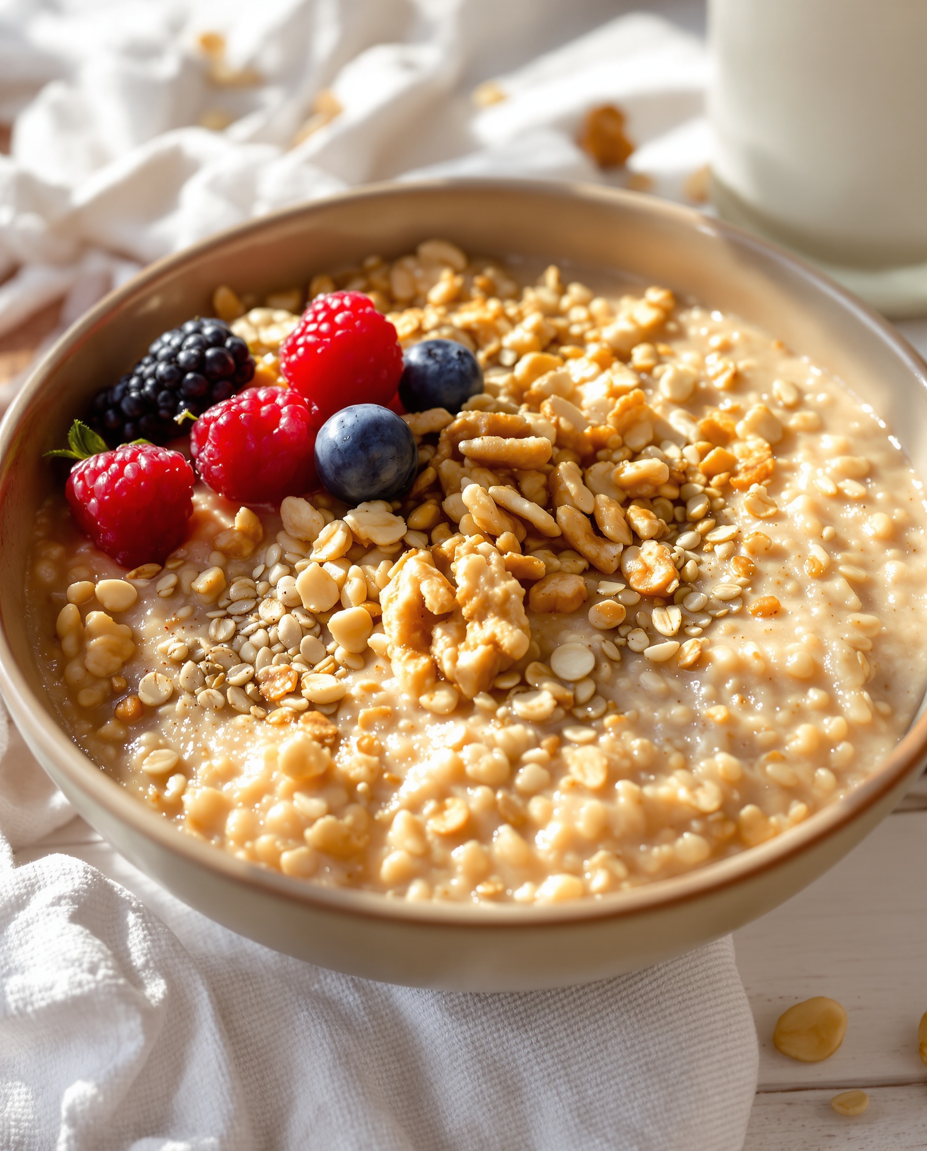 Bol de porridge au son d'avoine garni de graines de lin, noix et baies – petit-déjeuner anti-cholestérol
