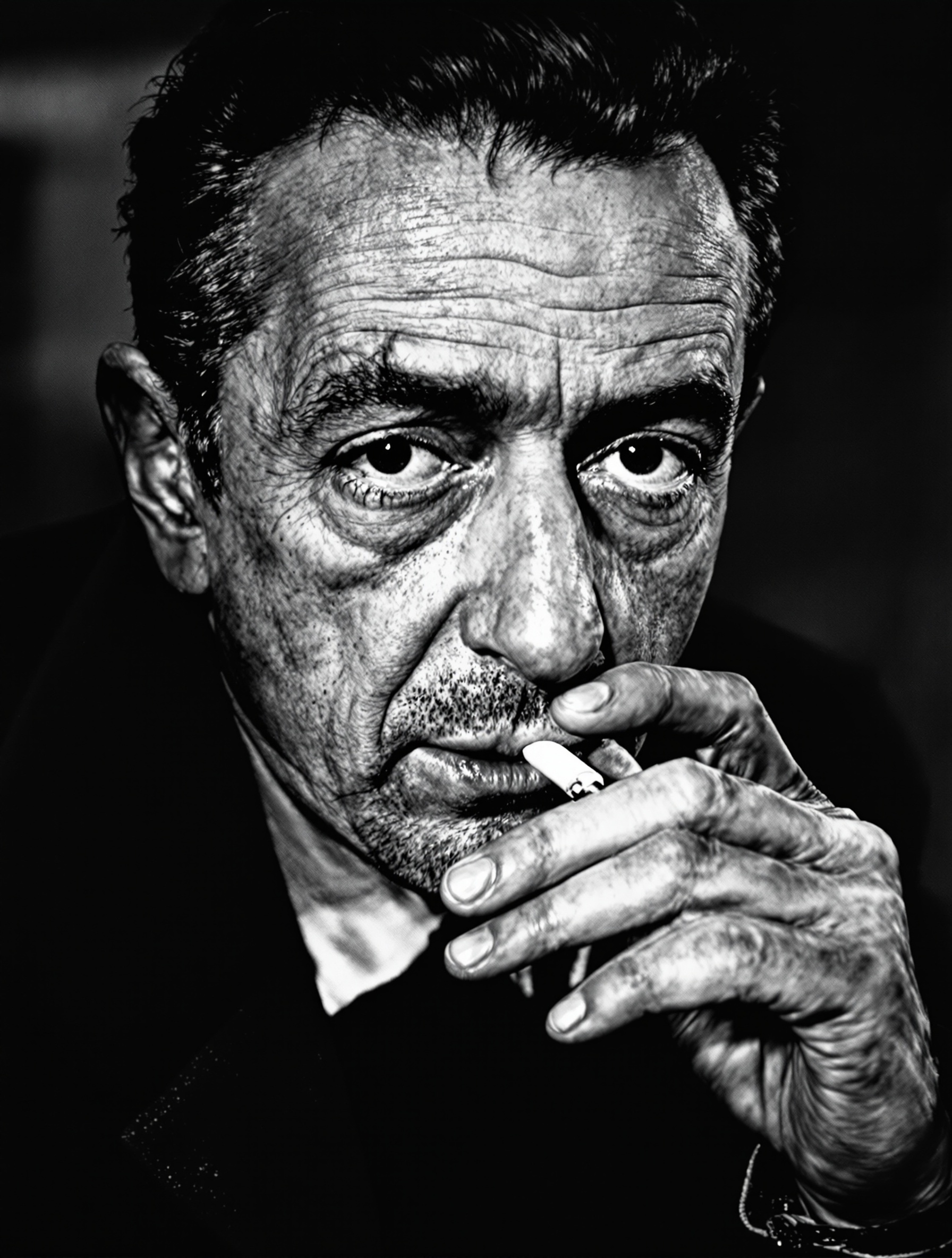 Portrait noir et blanc d'Albert Camus, regard lucide, cigarette à la bouche, évoquant intelligence et révolte.