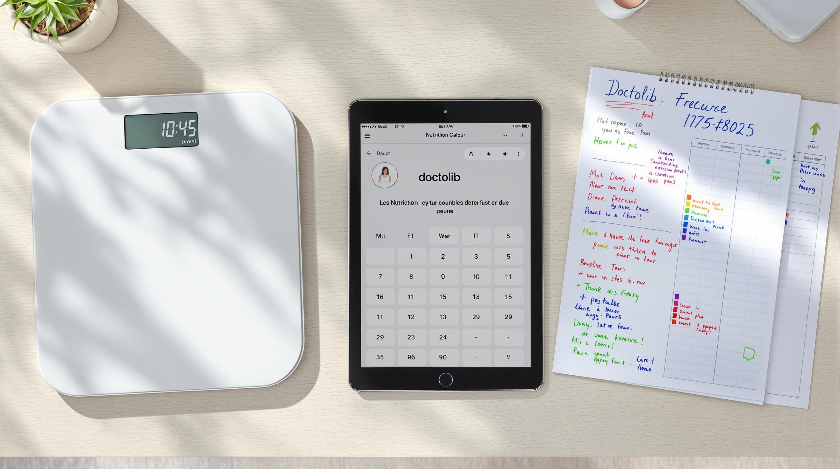 Poste de travail d’un coach nutritionnel avec balance biométrique, tablette et fiche de suivi