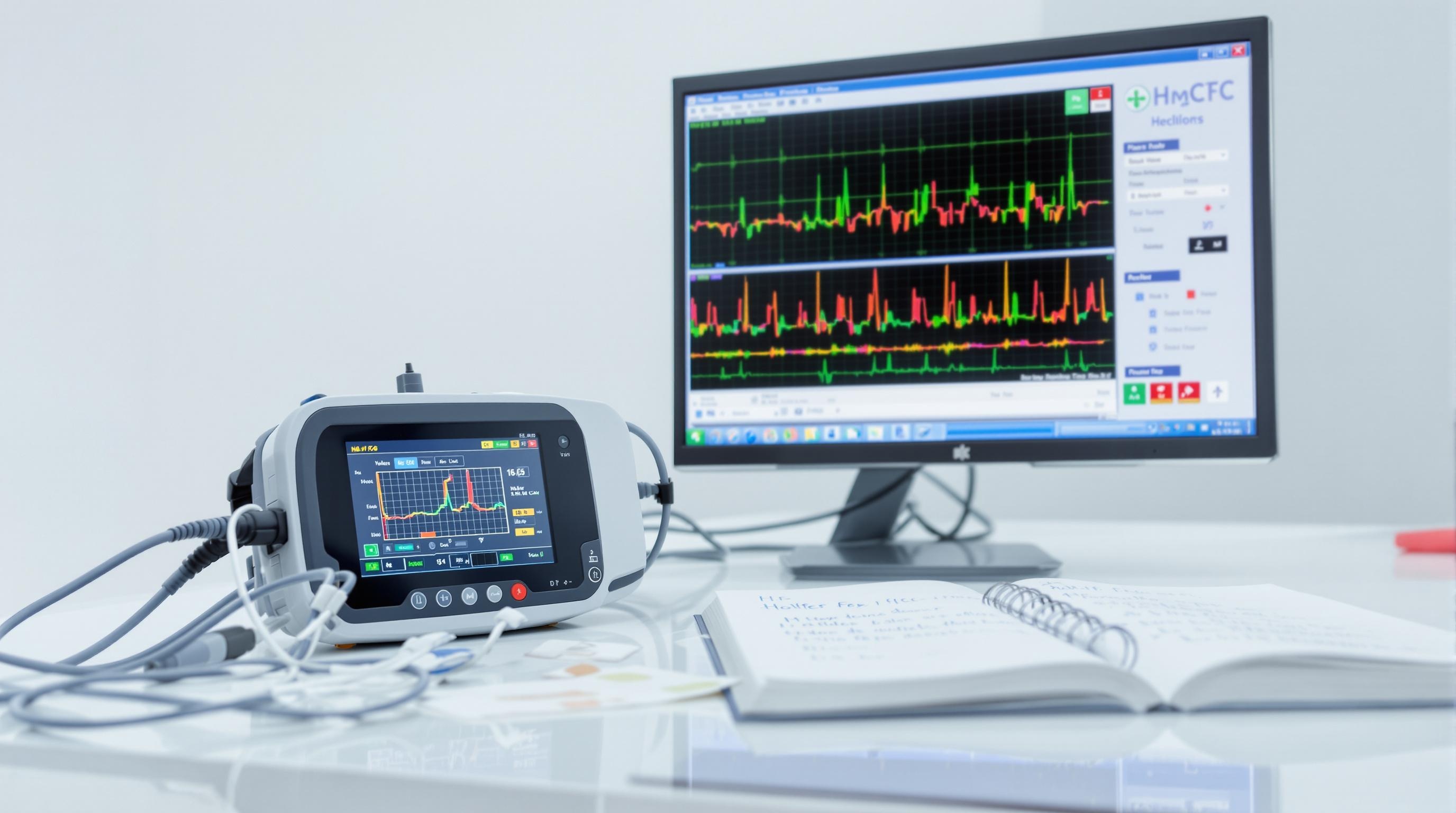 Analyse Holter ECG sur poste de cardiologue avec courbes, transfert de données et carnet d’observations visibles