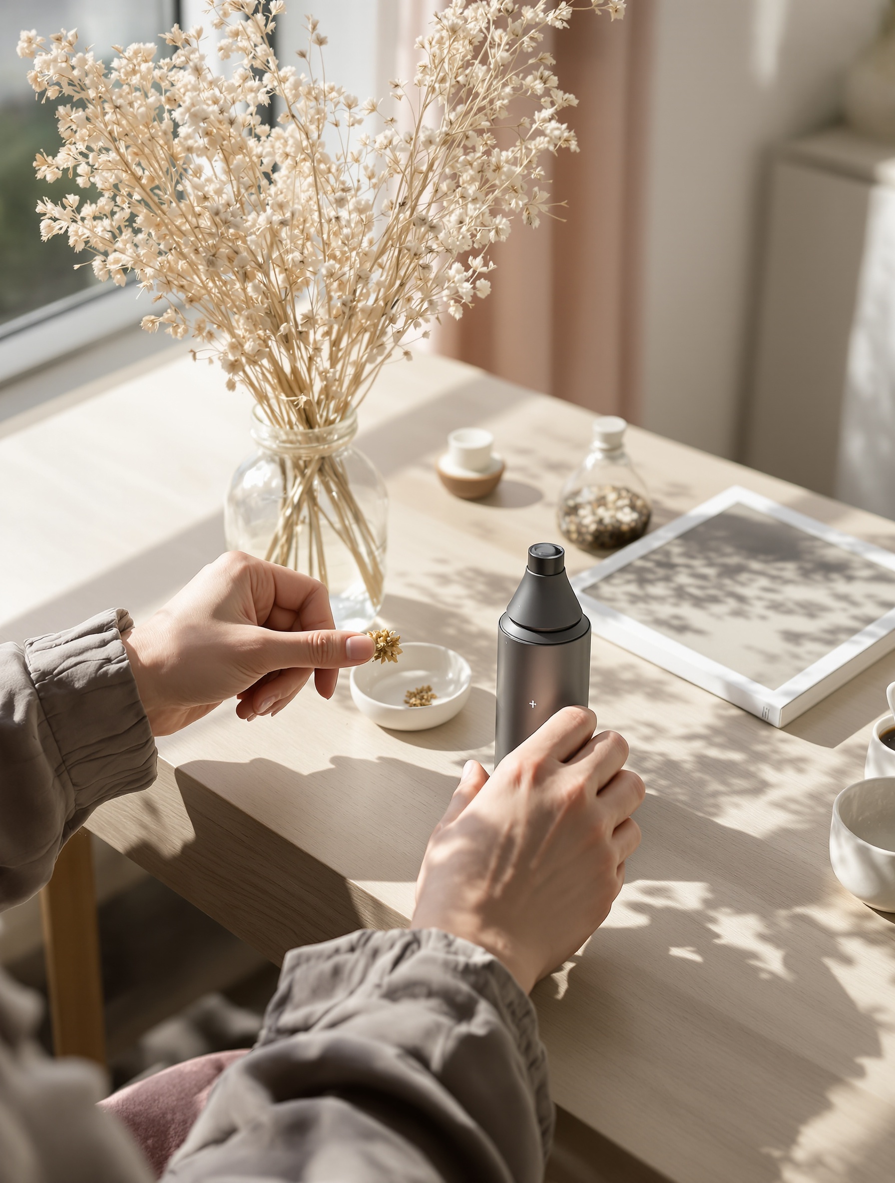 Préparation minutieuse d'une vaporisation de fleur de CBD dans un environnement serein