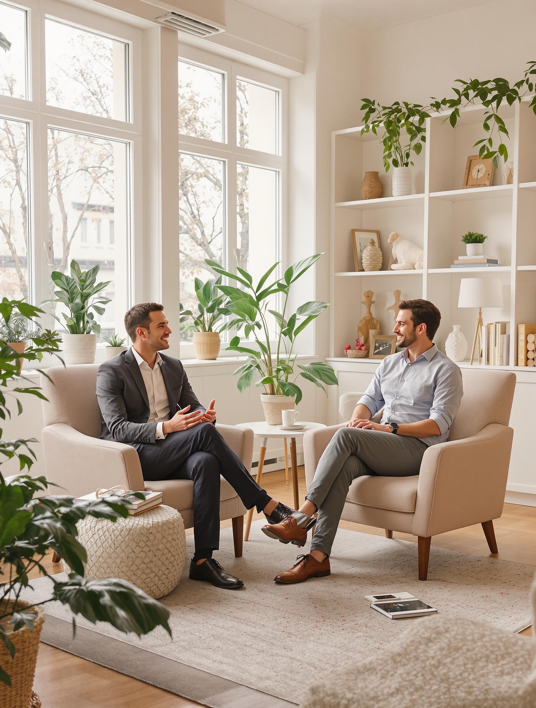 Un professionnel bienveillant discute avec un patient dans un cabinet lumineux et apaisant, symbolisant l'écoute et la compréhension.