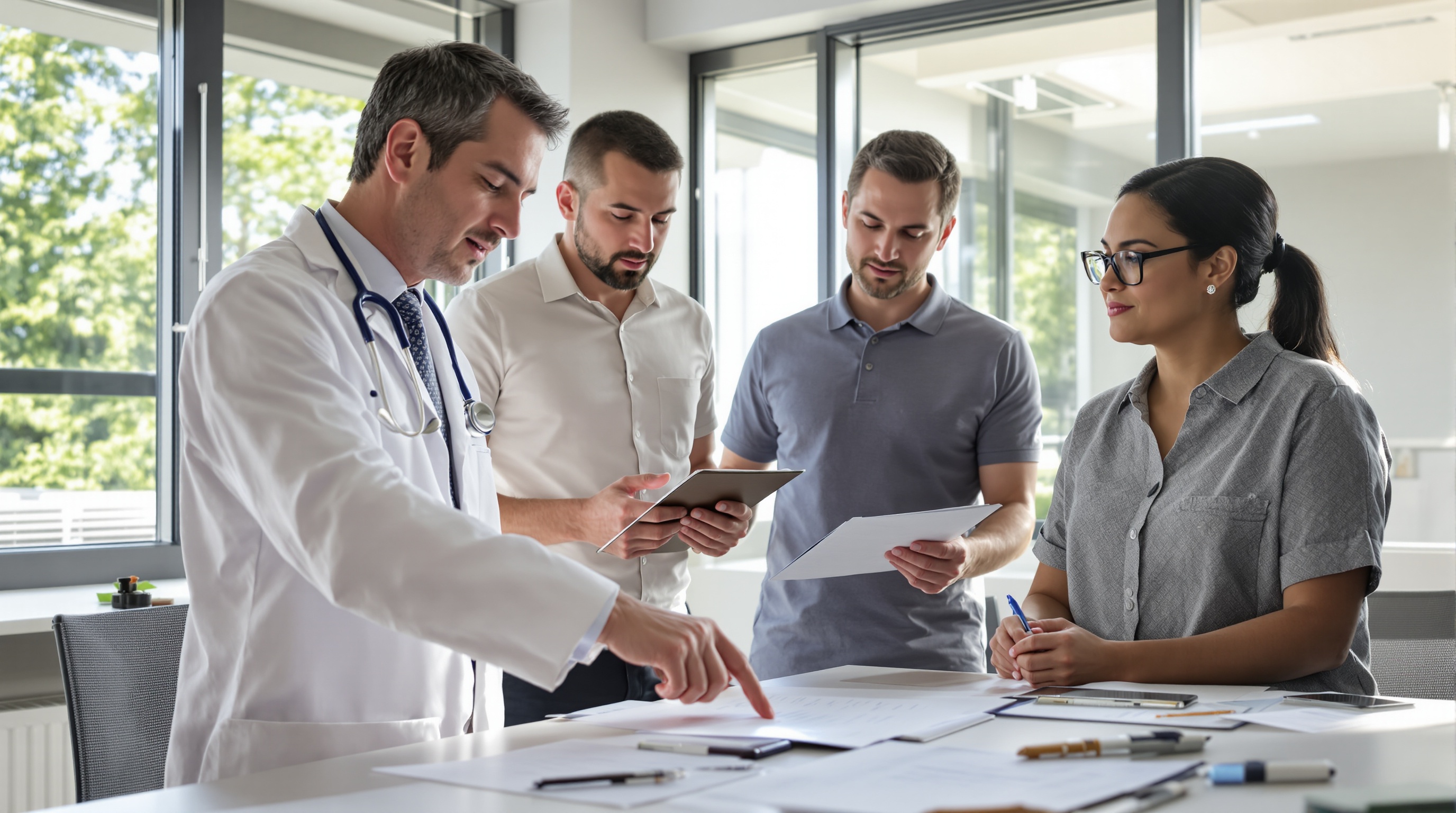 Équipe interdisciplinaire santé collaborant sur le dossier d’un patient.