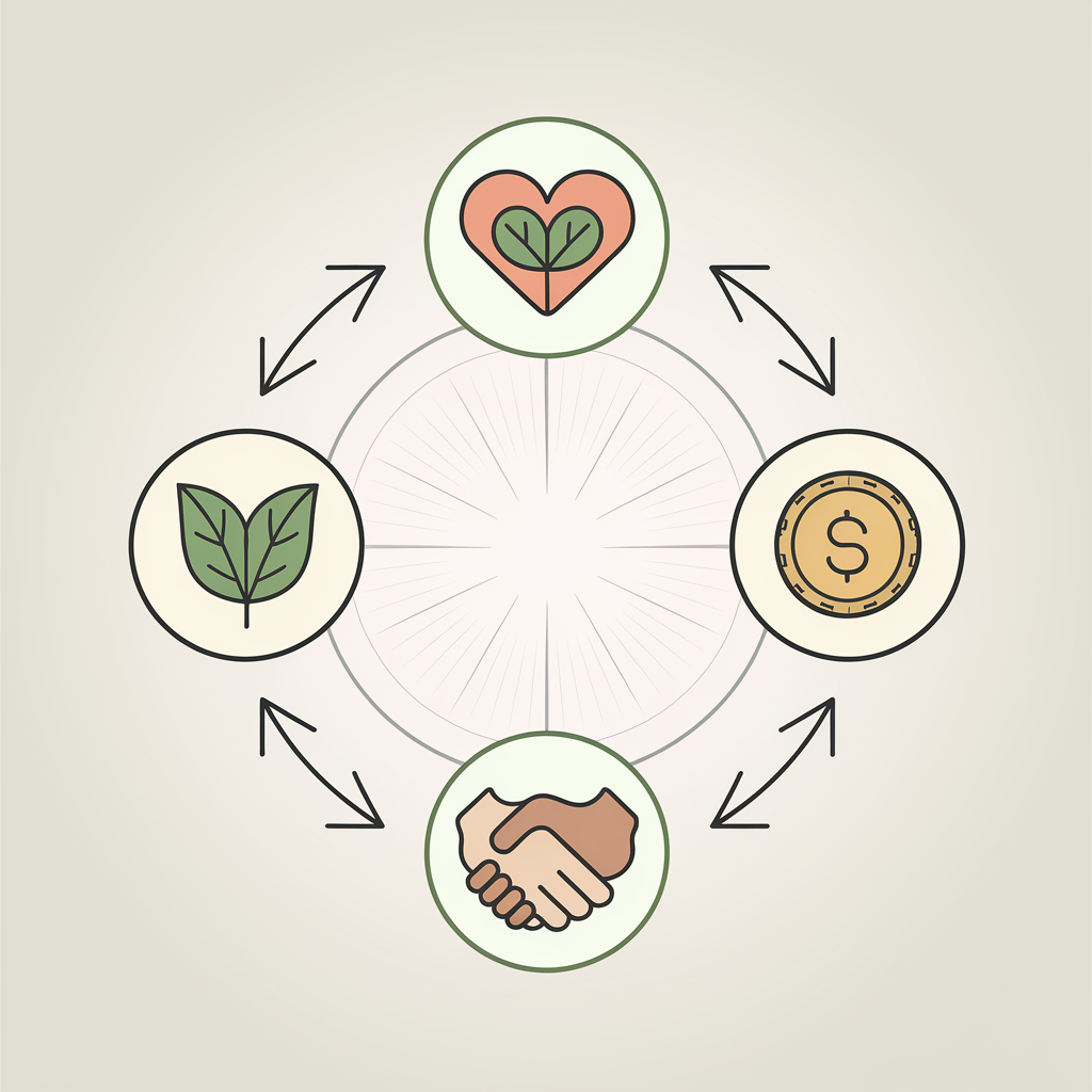 Schéma illustrant les quatre piliers de l'alimentation durable : environnement, santé, social, économie