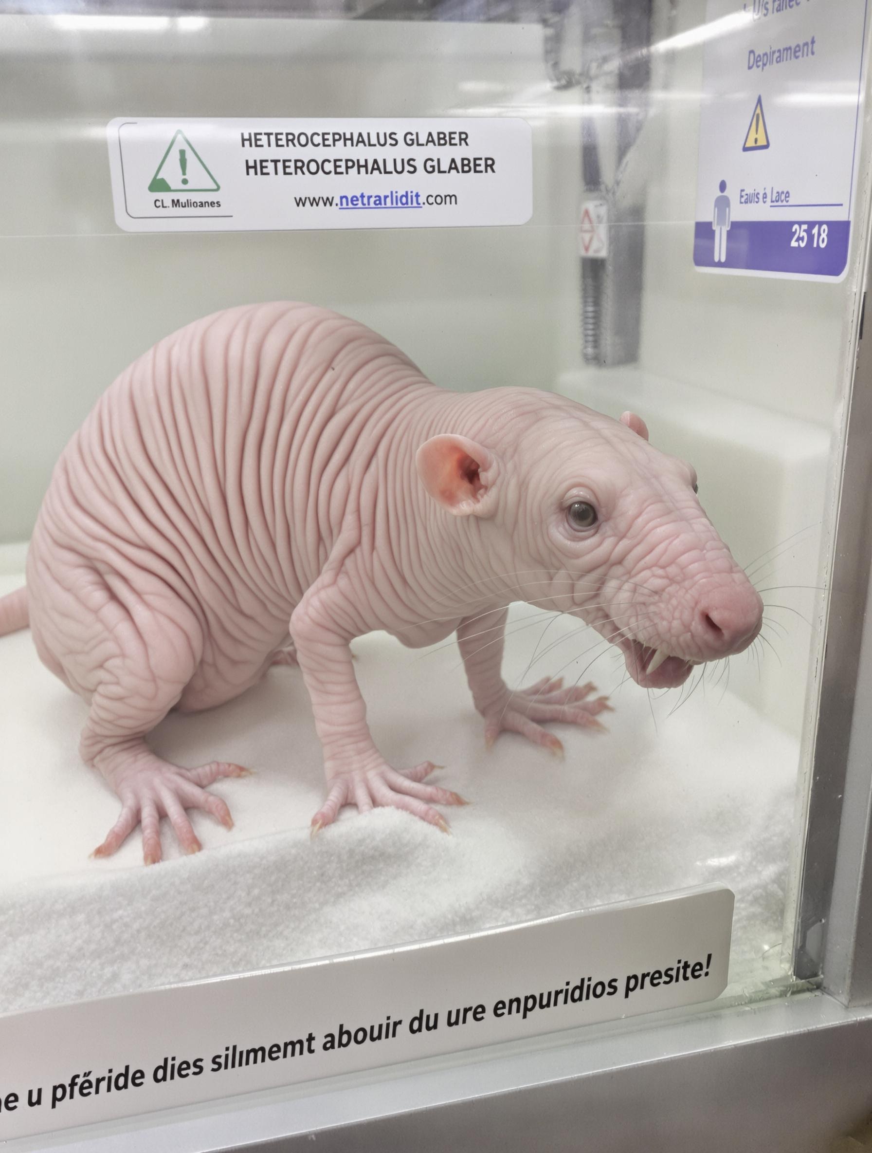Rat-taupe nu (Heterocephalus glaber) en cage de laboratoire