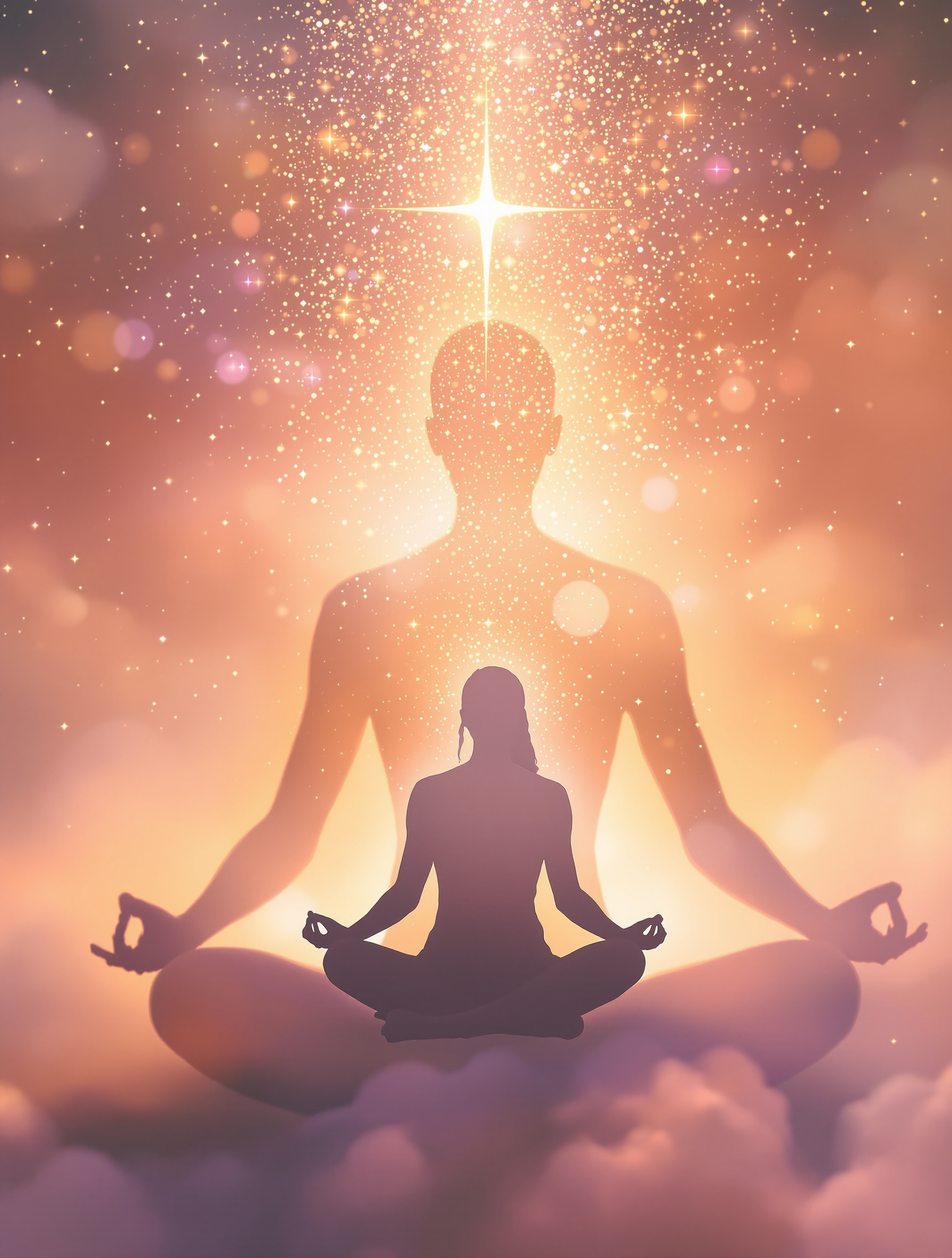 rayonnement lumineux autour d'une silhouette méditative, renaissance et espoir spirituel