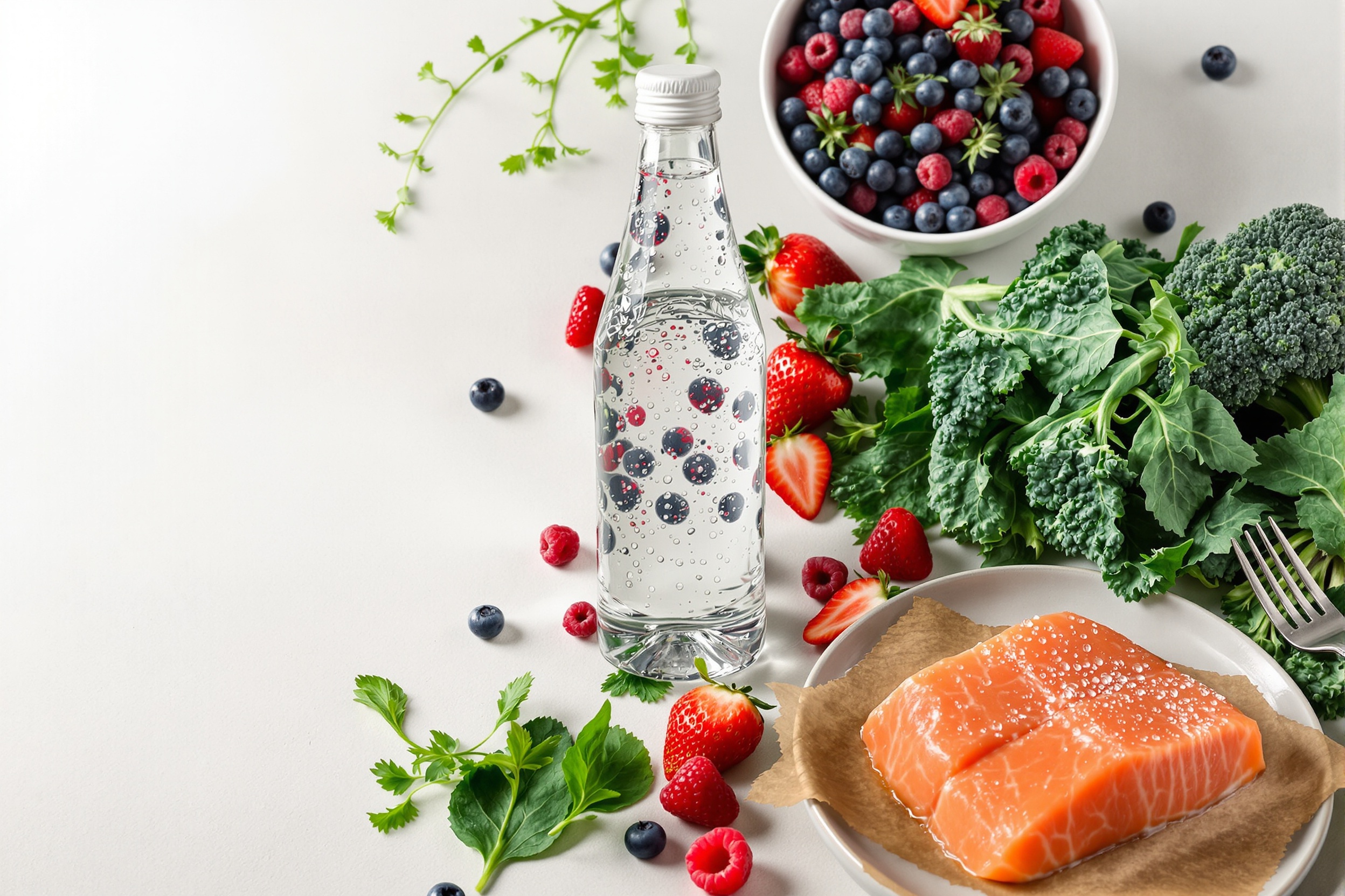 eau, fruits rouges, légumes verts foncés et saumon sauvage pour récupération musculaire naturelle