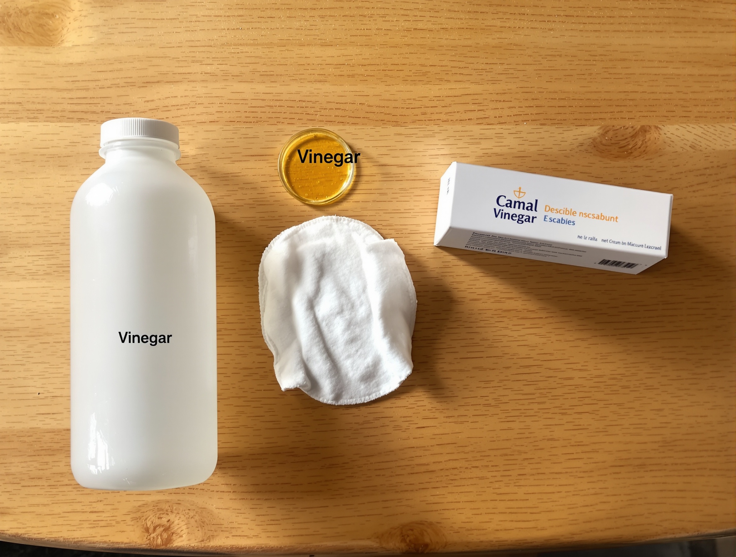 Vinaigre blanc et coton posés sur une table en bois avec une crème dermatologique – objets associés aux remèdes traditionnels pour la gale.