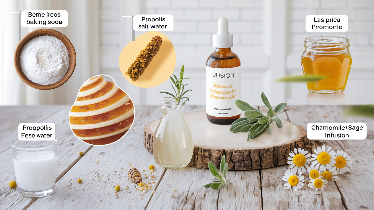 Remèdes naturels contre les boutons sur la langue, présentés sur une table en bois.
