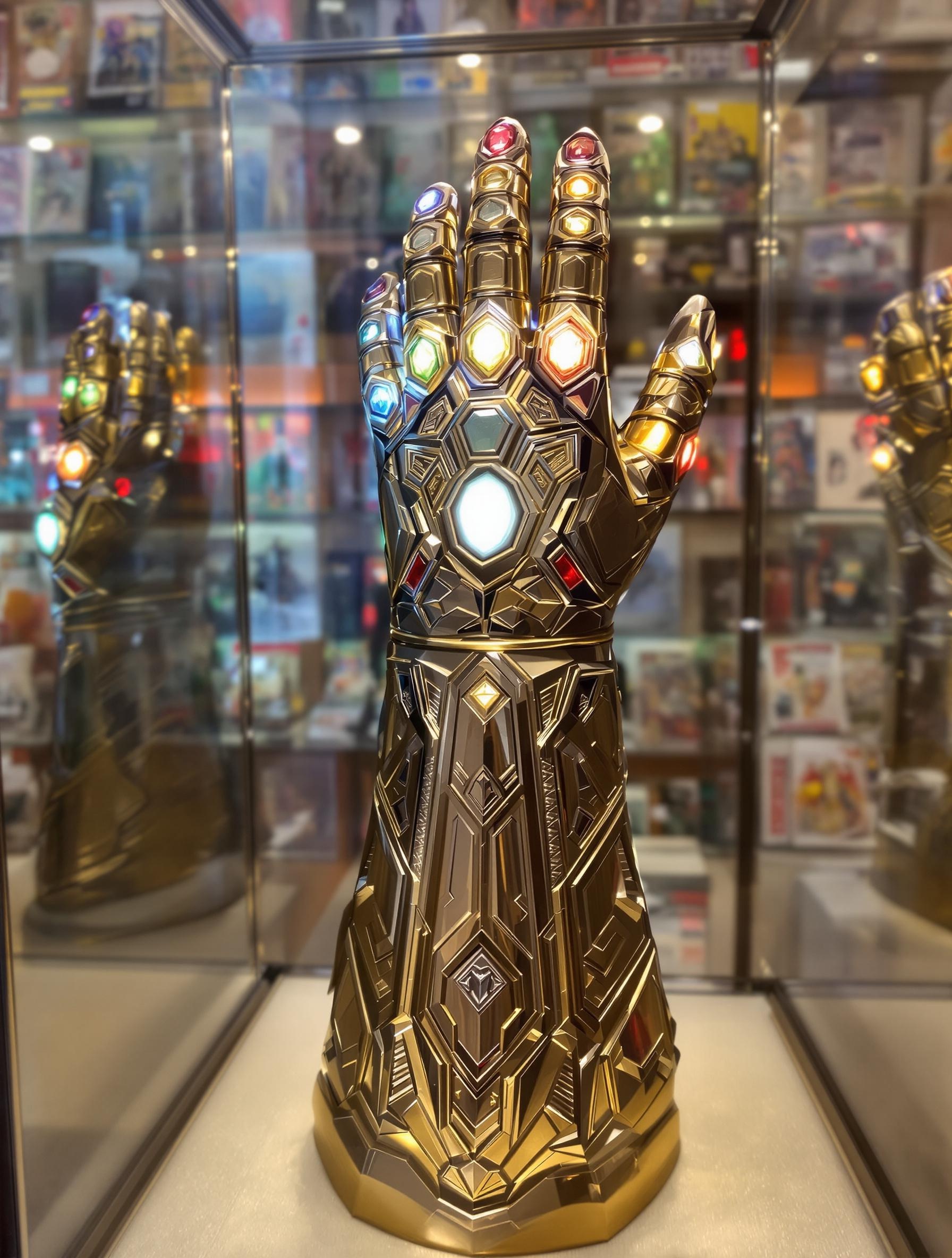 réplique gantelet de l'infini avec Gemme blanche Ego sous vitrine