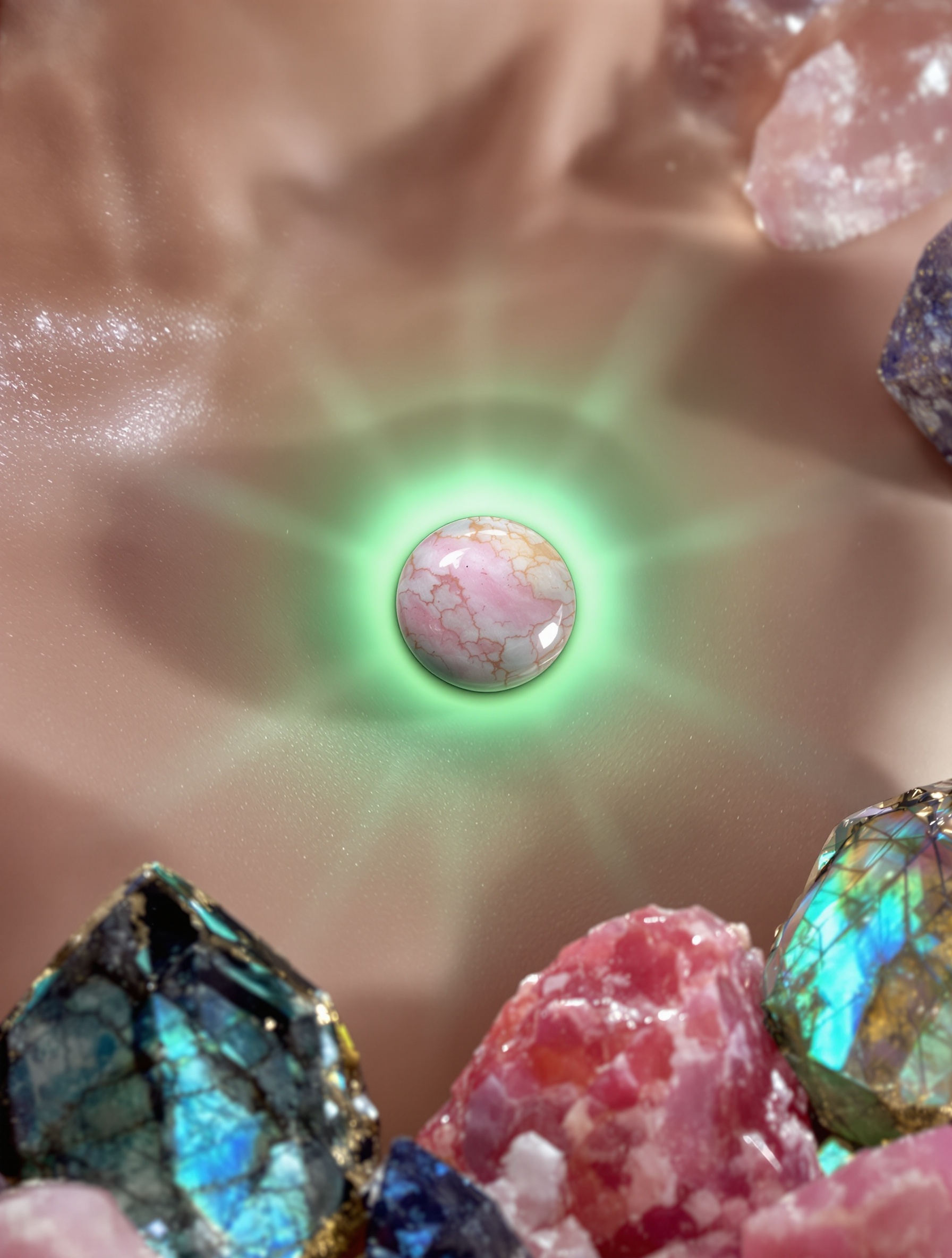 Rhodonite placée sur le chakra du cœur, entourée de Quartz rose, Aventurine et Labradorite.