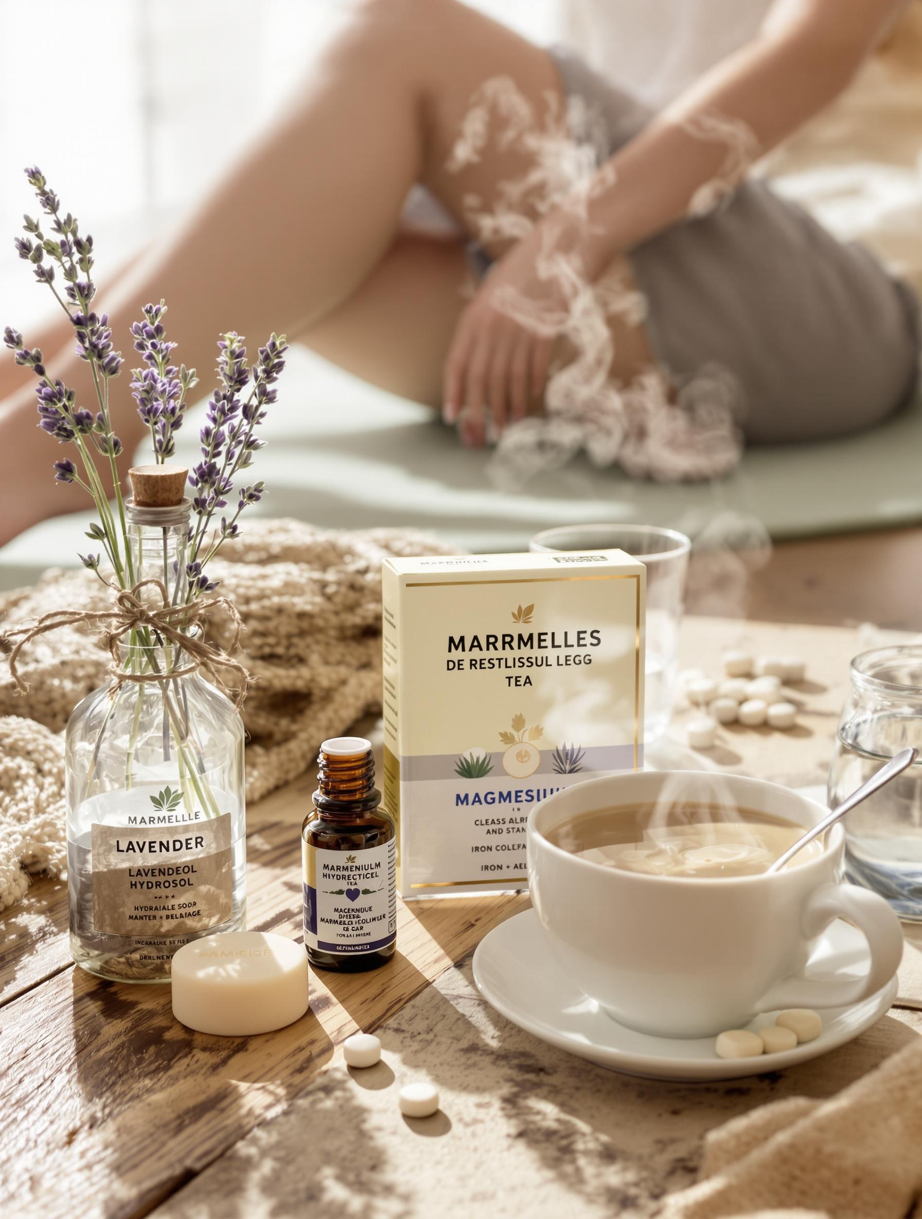 Routine naturelle pour les jambes sans repos : massage, eau froide, tisane, hydrolat, stretching et compléments