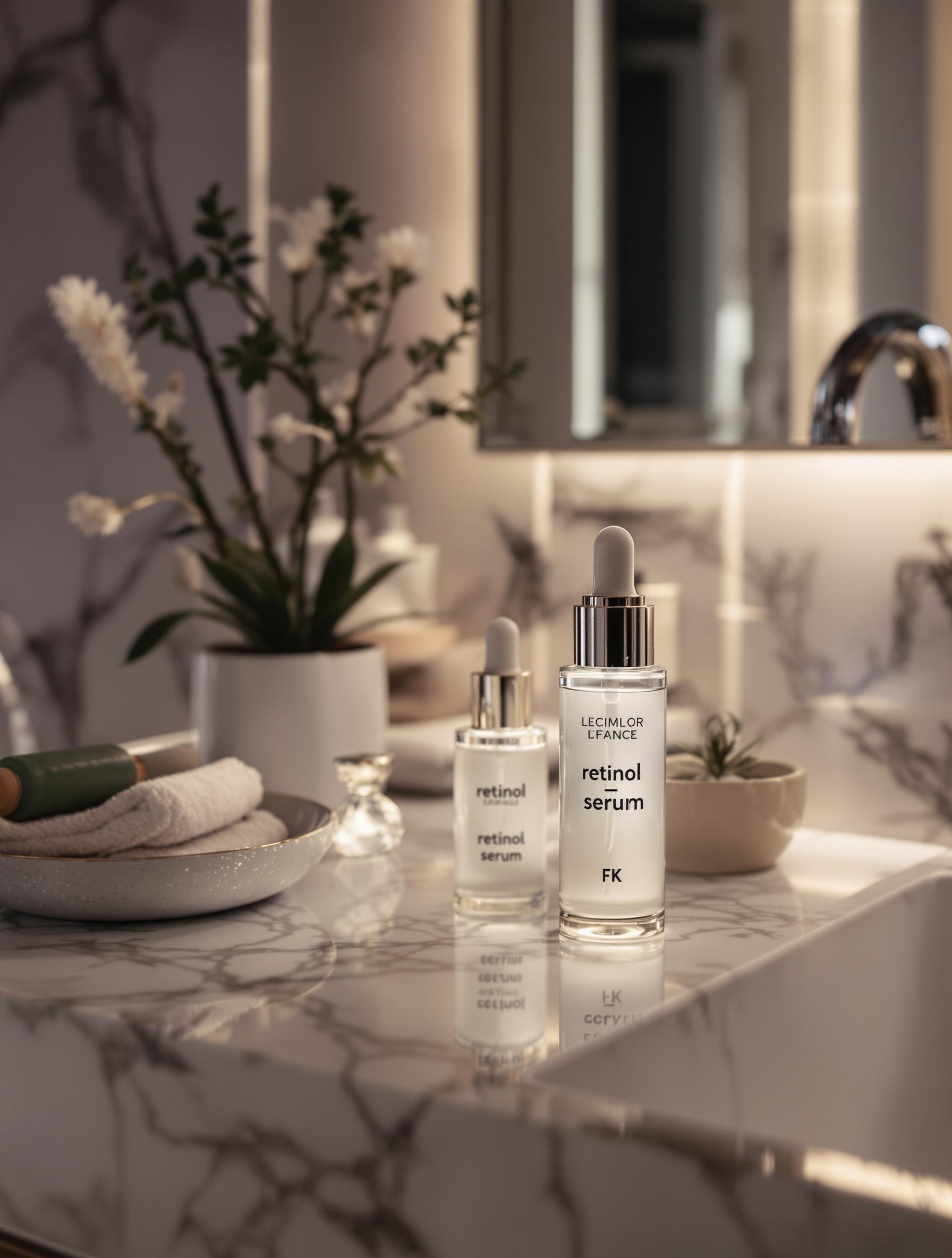 Routine de nuit avec sérum au rétinol sur une table de salle de bain