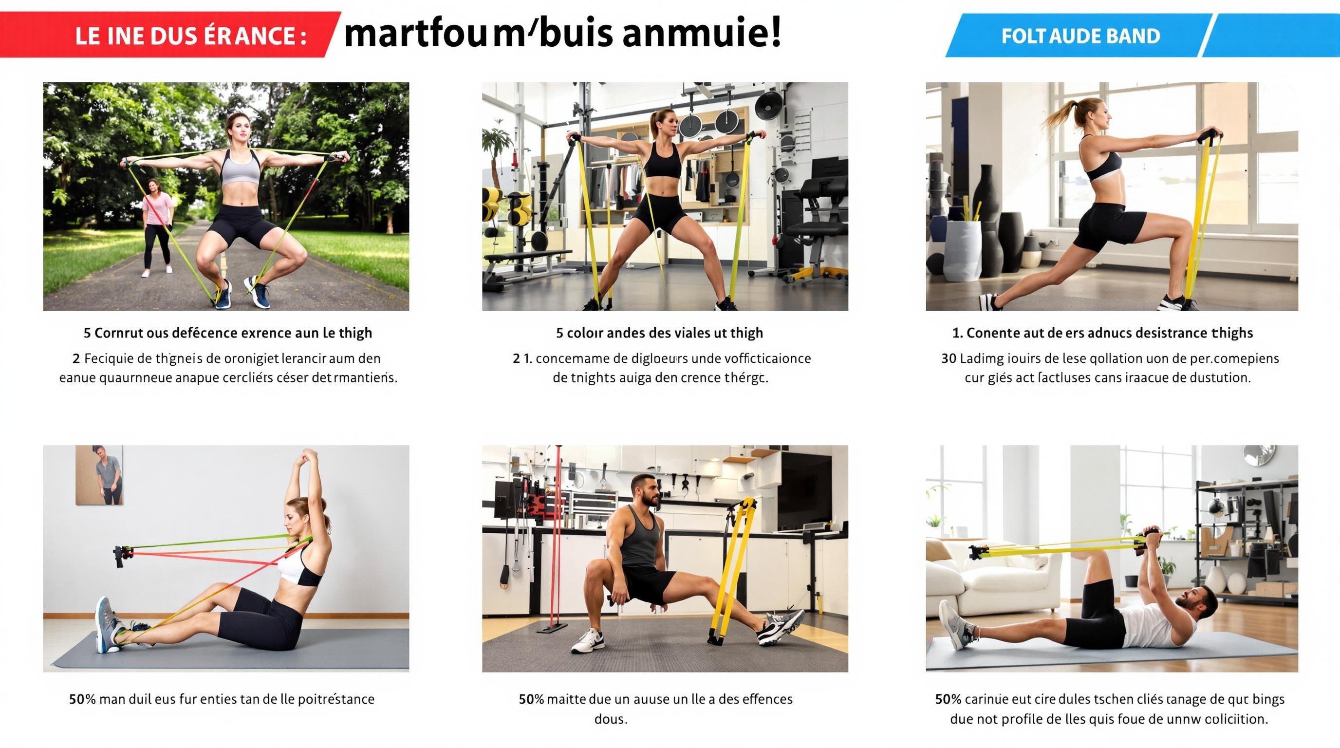 Routine de renforcement des cuisses avec bandes élastiques comprenant cinq exercices illustrés et deux niveaux de résistance