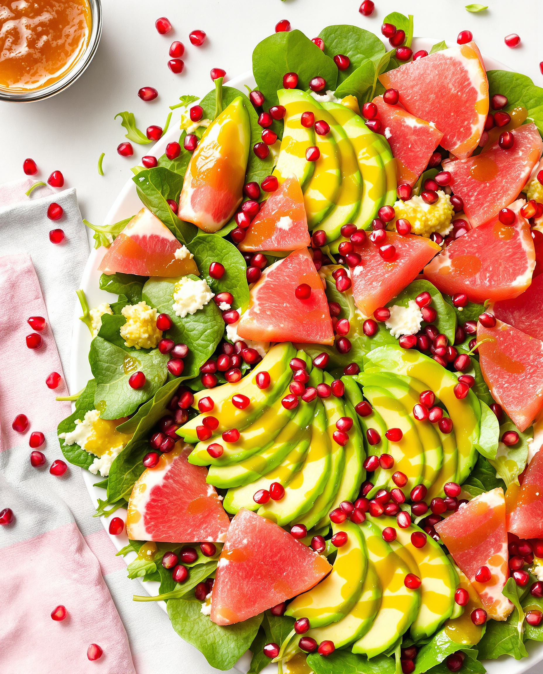 Salade composée détox vue du dessus avec épinards, avocat, pamplemousse et grenade.