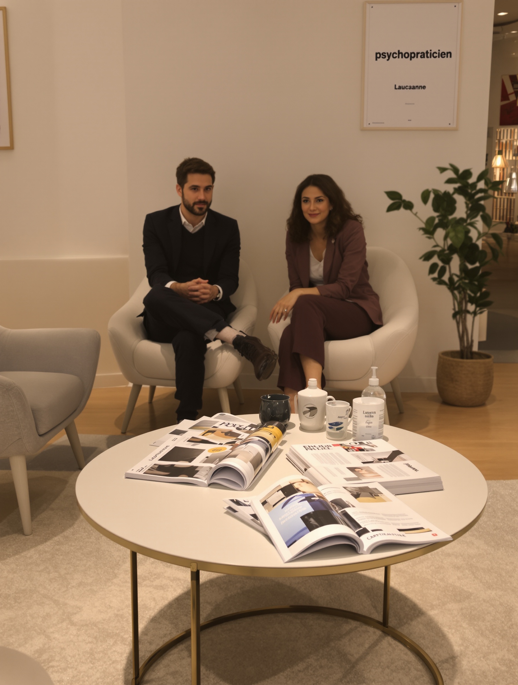 Salle d'attente cabinet psychopraticien Lausanne avec affiche explicative et dialogue