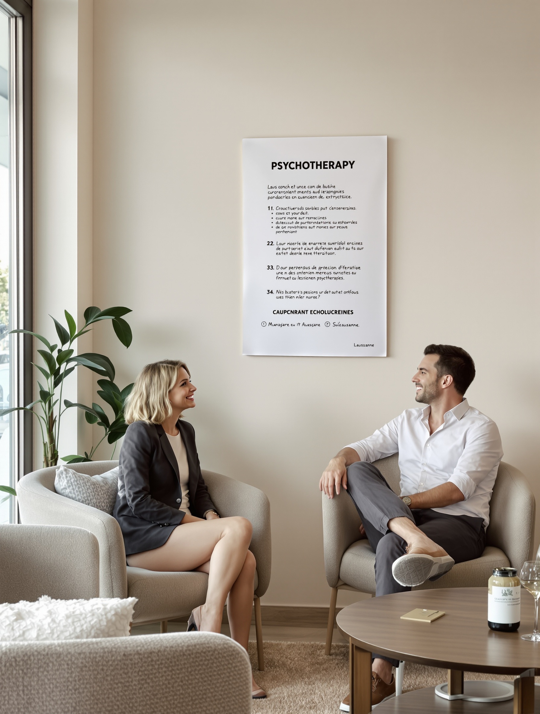 Salle d'attente cabinet psychopraticien Lausanne avec affiche explicative et dialogue