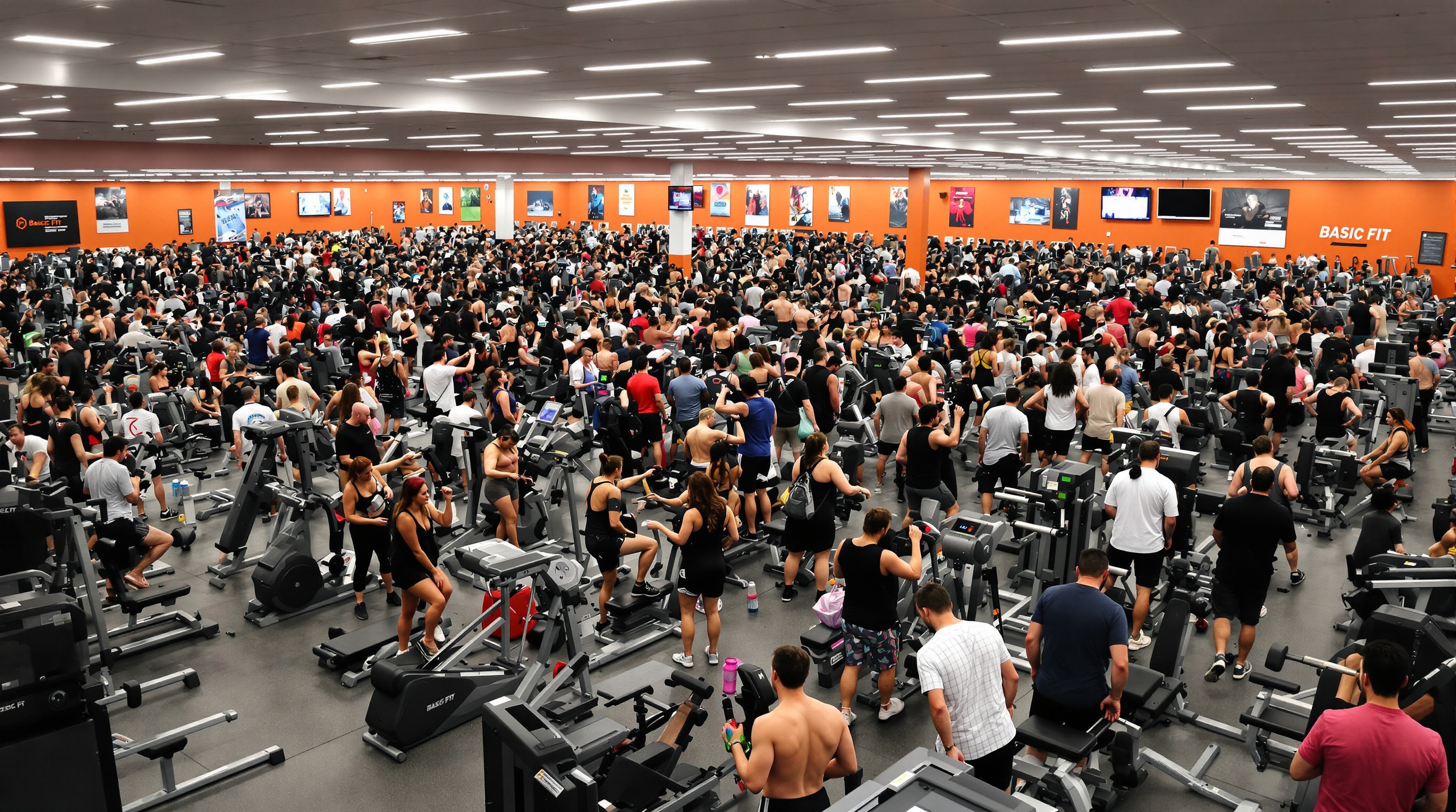 Salle Basic-Fit surchargée à l'heure de pointe, ambiance saturée.