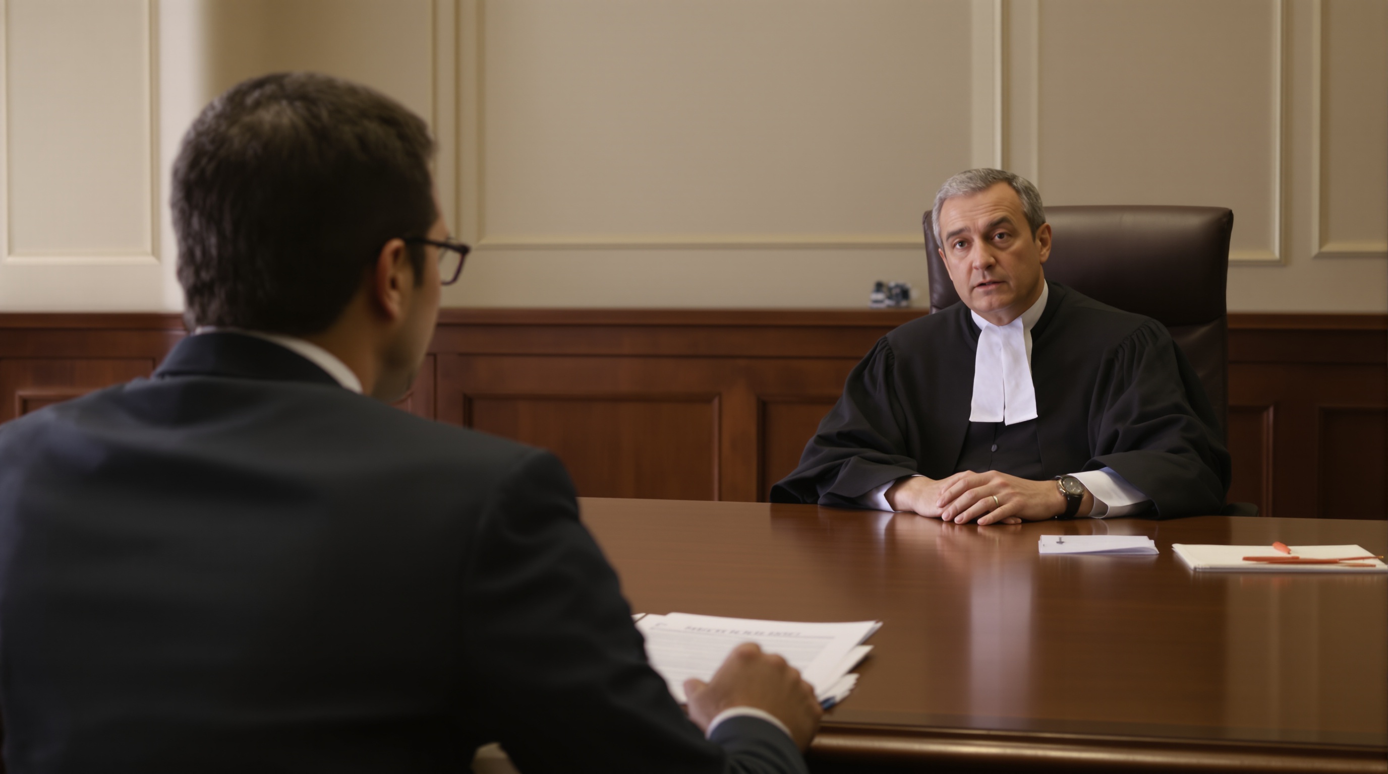 salle de tribunal avec salarié, juge et avocat, dossier médical