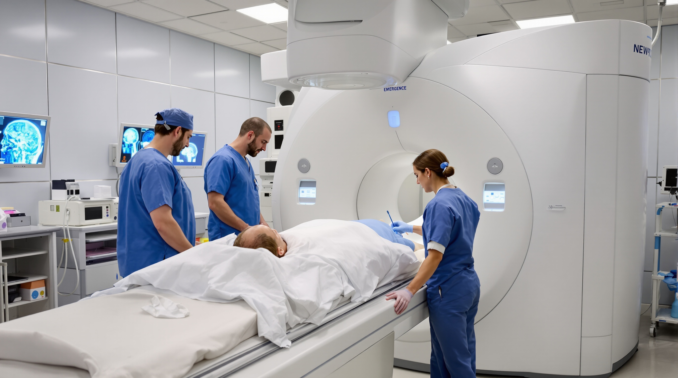 Salle d'urgences, équipe médicale lors d'un scanner cérébral AVC