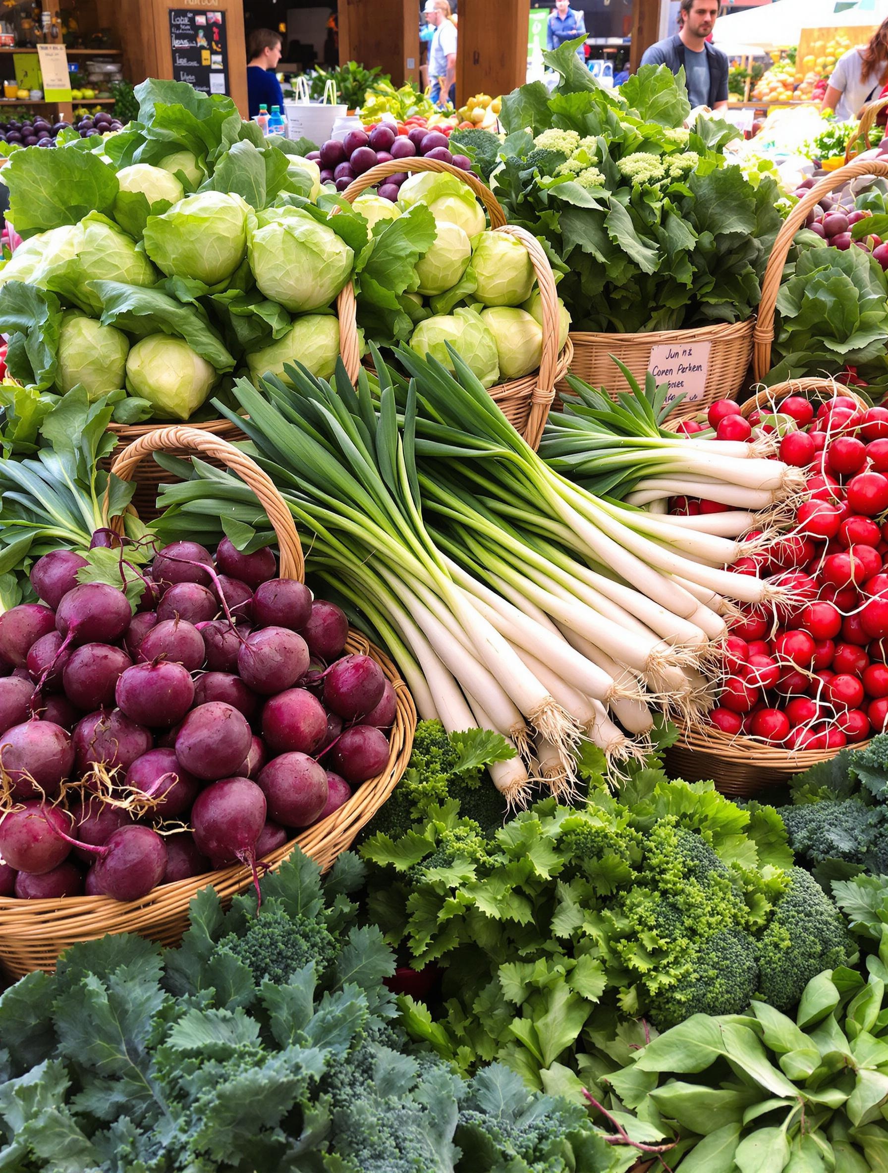 Scène de marché colorée avec des paniers remplis de choux, betteraves, poireaux, brocolis et radis, sous une lumière naturelle.