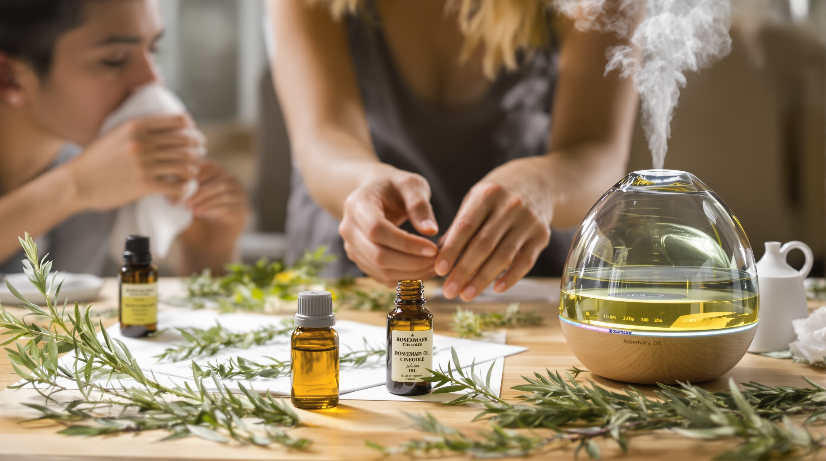 Scène pédagogique montrant trois méthodes d'utilisation du romarin à cinéole : inhalation directe, diffusion atmosphérique et massage cutané avec huile de jojoba.