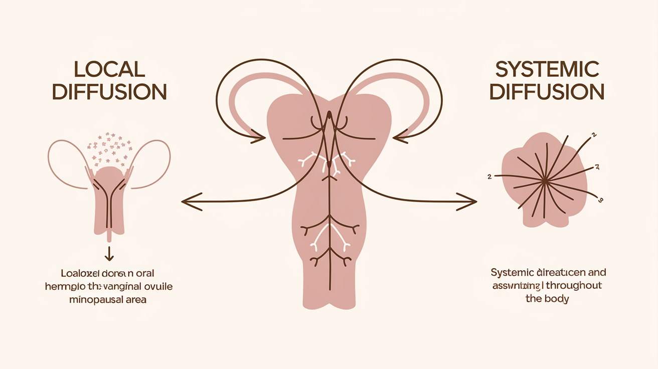 Schéma comparant l'action locale d'un ovule vaginal et l'action systémique d'un THS oral