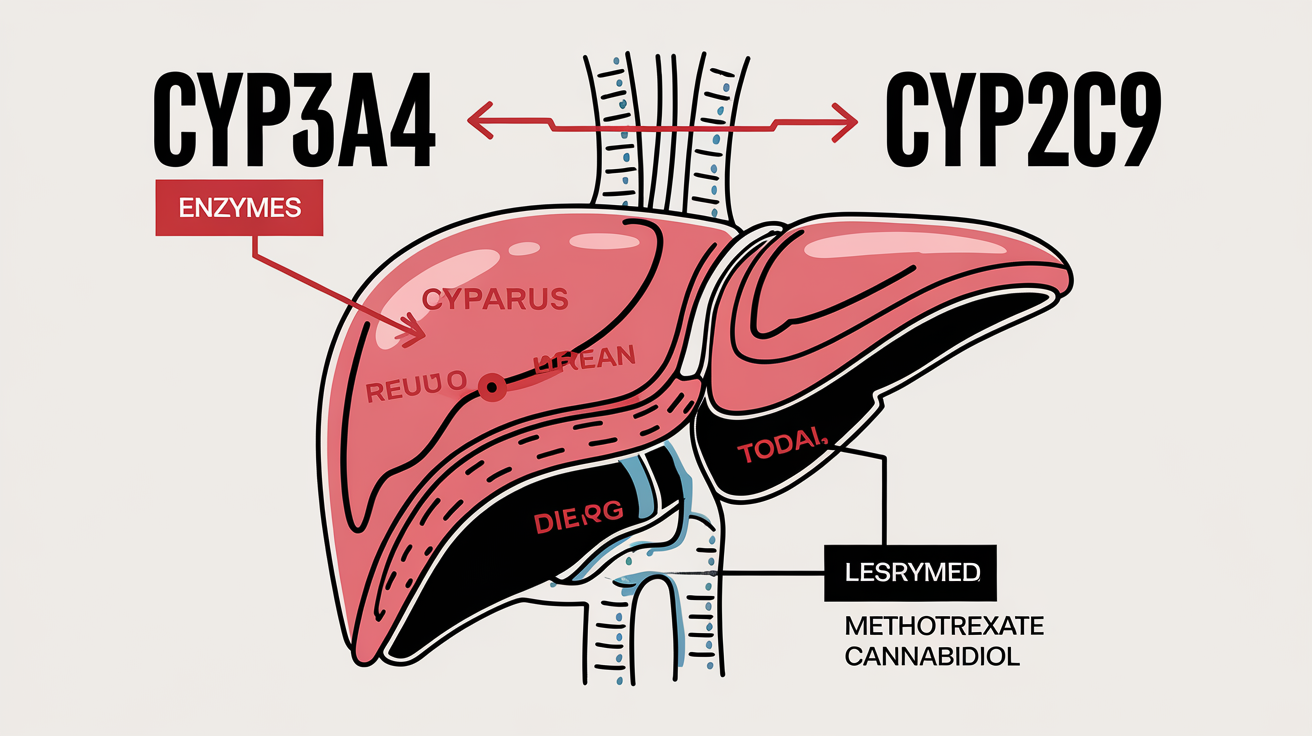 Illustration du foie humain montrant les enzymes du Cytochrome P450 impliquées dans le métabolisme du Méthotrexate et du Cannabidiol