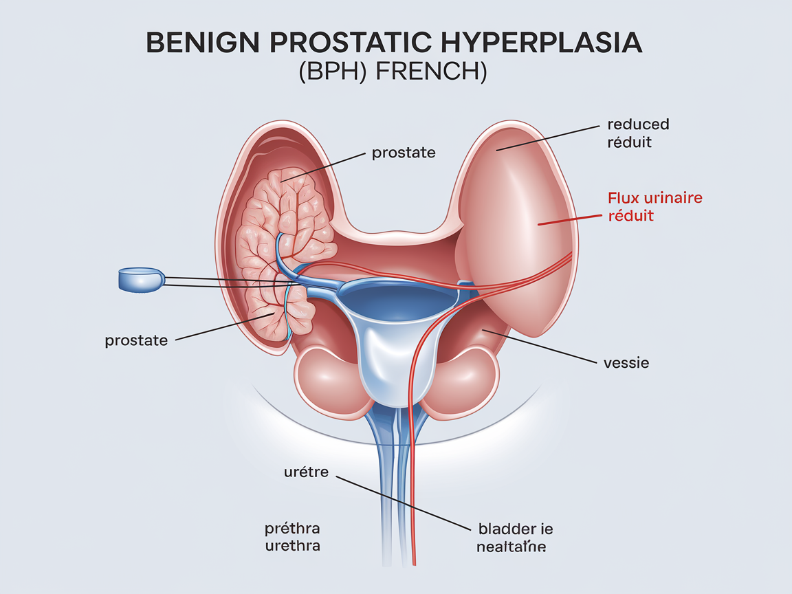 Schéma anatomique montrant la compression de l'urètre par une hypertrophie bénigne de la prostate.