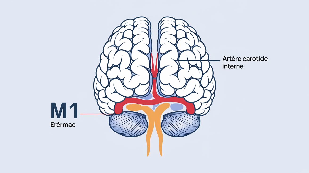 Illustration anatomique de la base du cerveau mettant en évidence le segment M1 de l'artère cérébrale moyenne, son origine depuis l'artère carotide interne et son rôle central dans la vascularisation cérébrale.