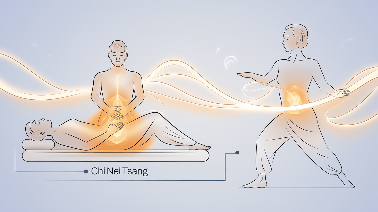 Synergie entre massage du ventre Chi Nei Tsang et la pratique du Qi Gong, flux énergétiques illustrés.